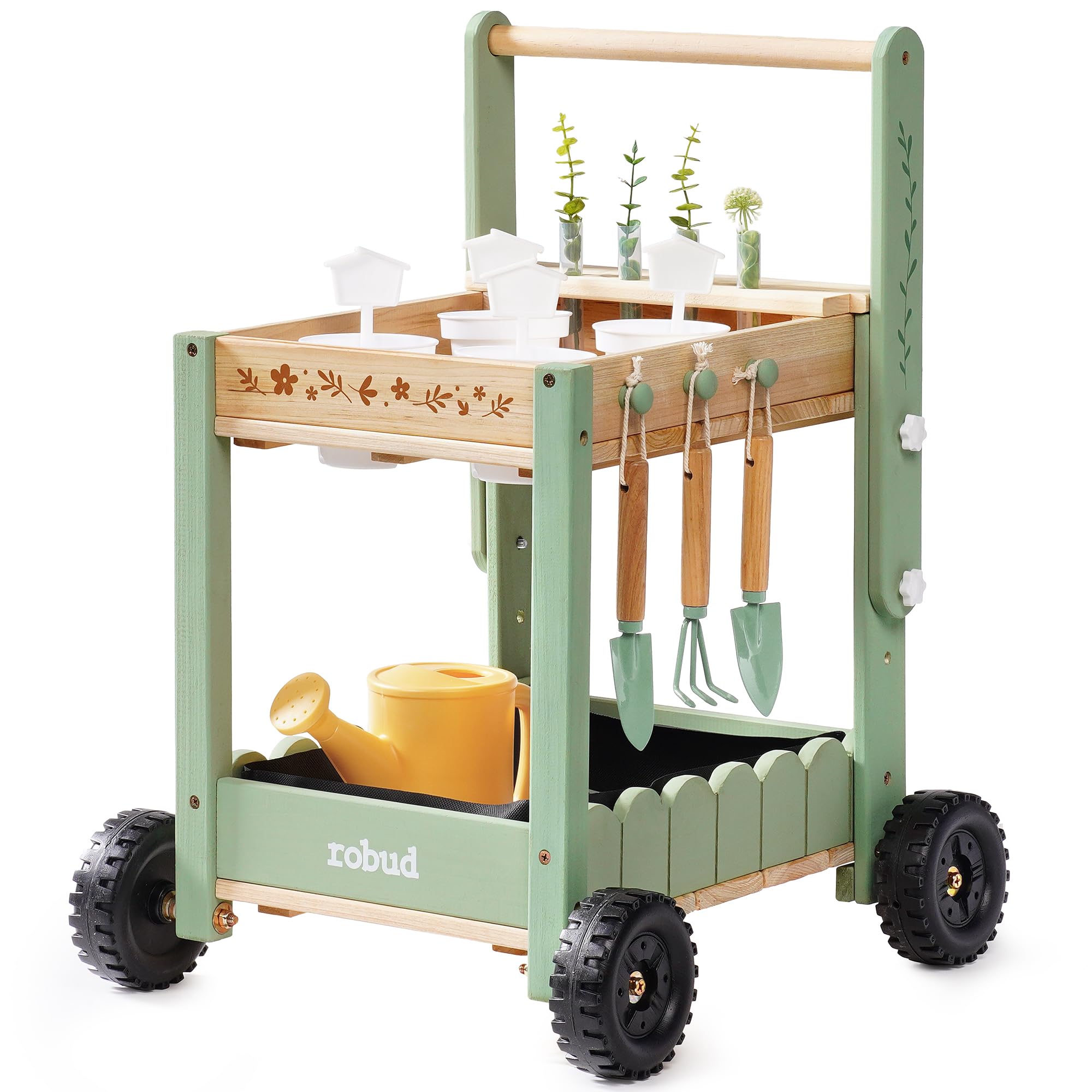 ROBUD Kids Gardening Set with Wooden Trolley - Gardening Tools with Watering Can, Shovel, Hand Rake, Plant Cups, Hydroponic Tubes , Educational Outdoor Garden Toy for Boys Girls Gifts Age 3+, Green