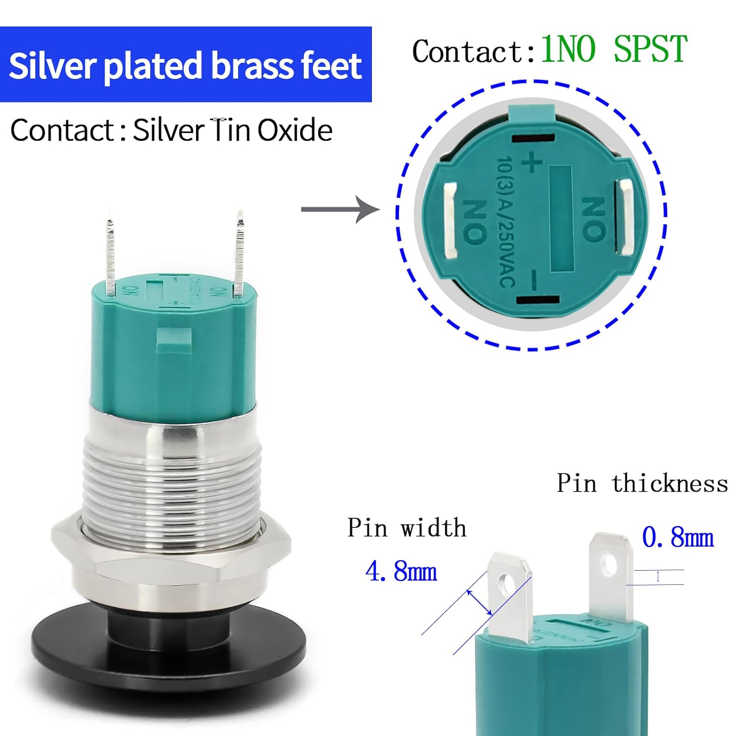 Detailed view of the switch's silver-plated brass feet and internal 1NO SPST contact, along with pin width (4.8mm) and thickness (0.8mm) measurements.