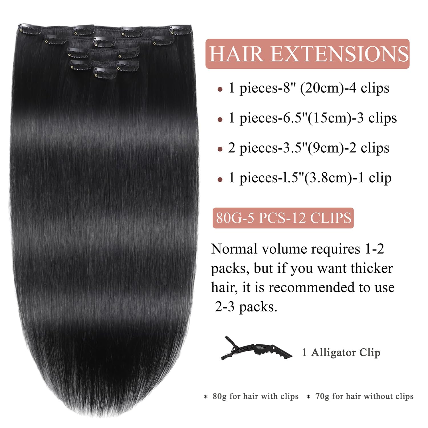 Clip in Hair Extensions Real Human Hair 14 Inch Jet Black Hair Extensions Clip ins Remy Human Hair Clip in Extensions for Women Silky Straight Hair 80g/5pcs Double Weft
