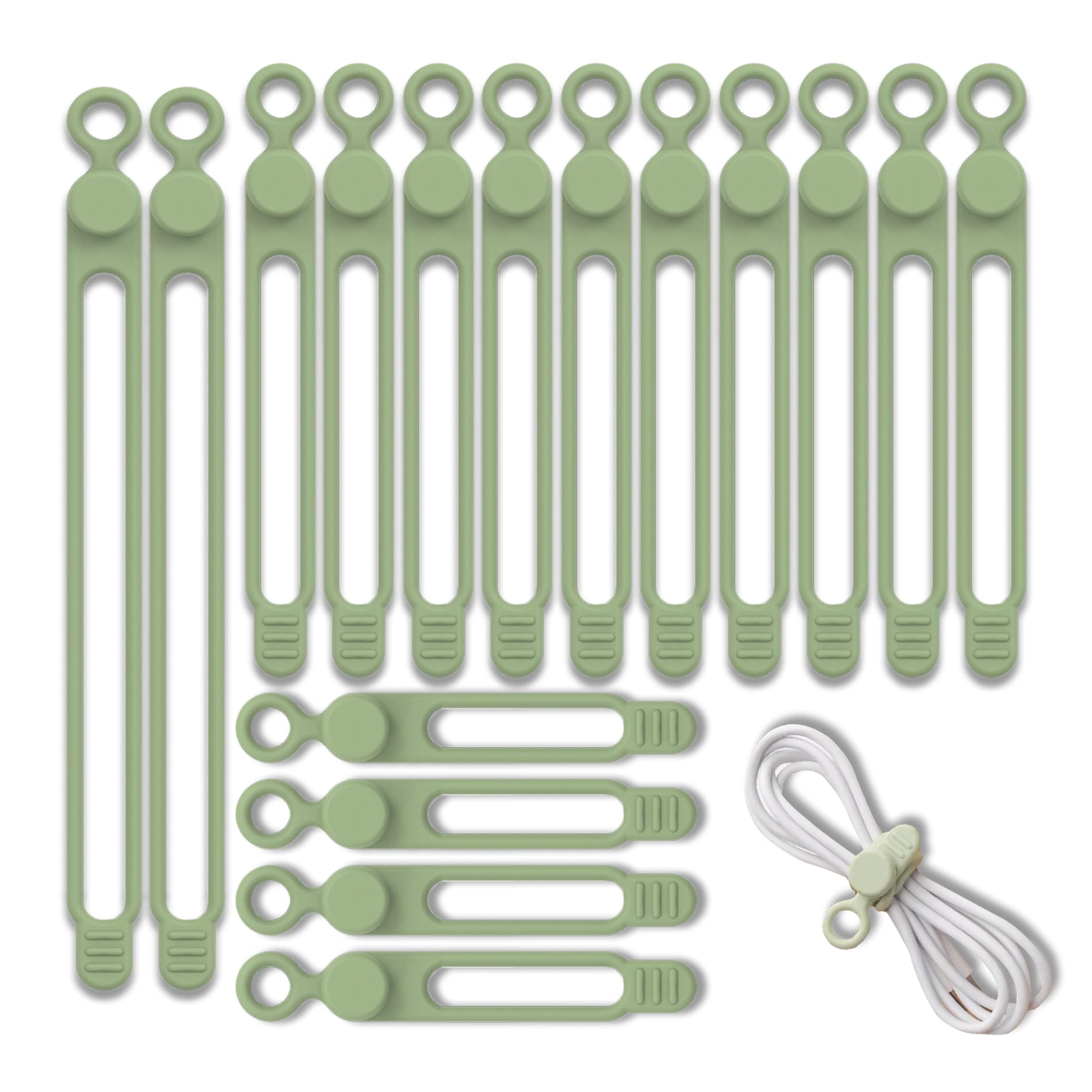 16 Pcs Silicone Reusable Cable Ties Organizer, Silicone Cable Clips, Lightweight, Environmentally Friendly, Suitable for Charging Cables, Headphones, Data Lines (2x180mm + 10x106mm + 4x75mm / Green)