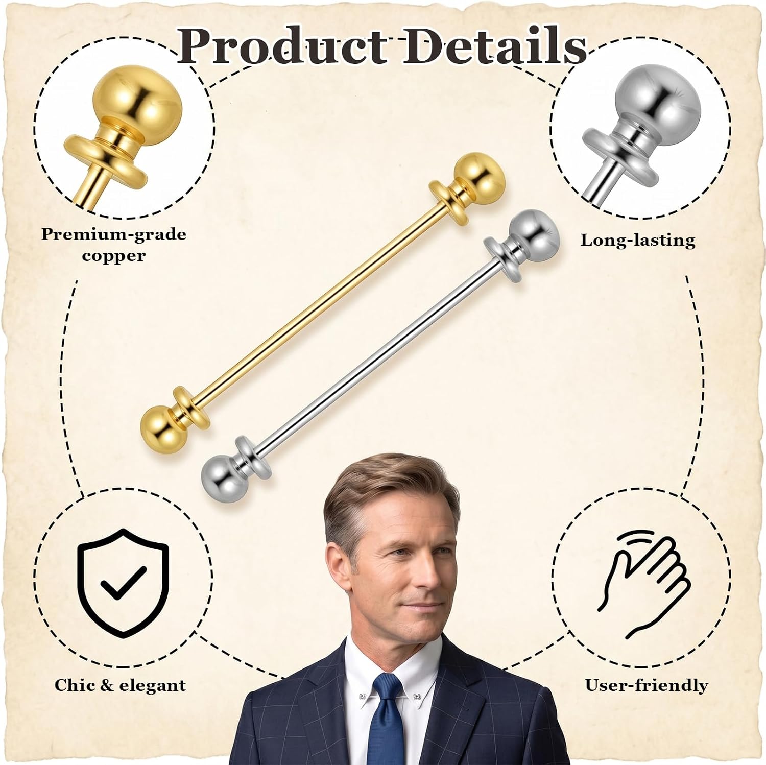 JJUNW 3 Pcs Collar Pins For Men, Metal Collar Bar Pin Tie Bar Ball