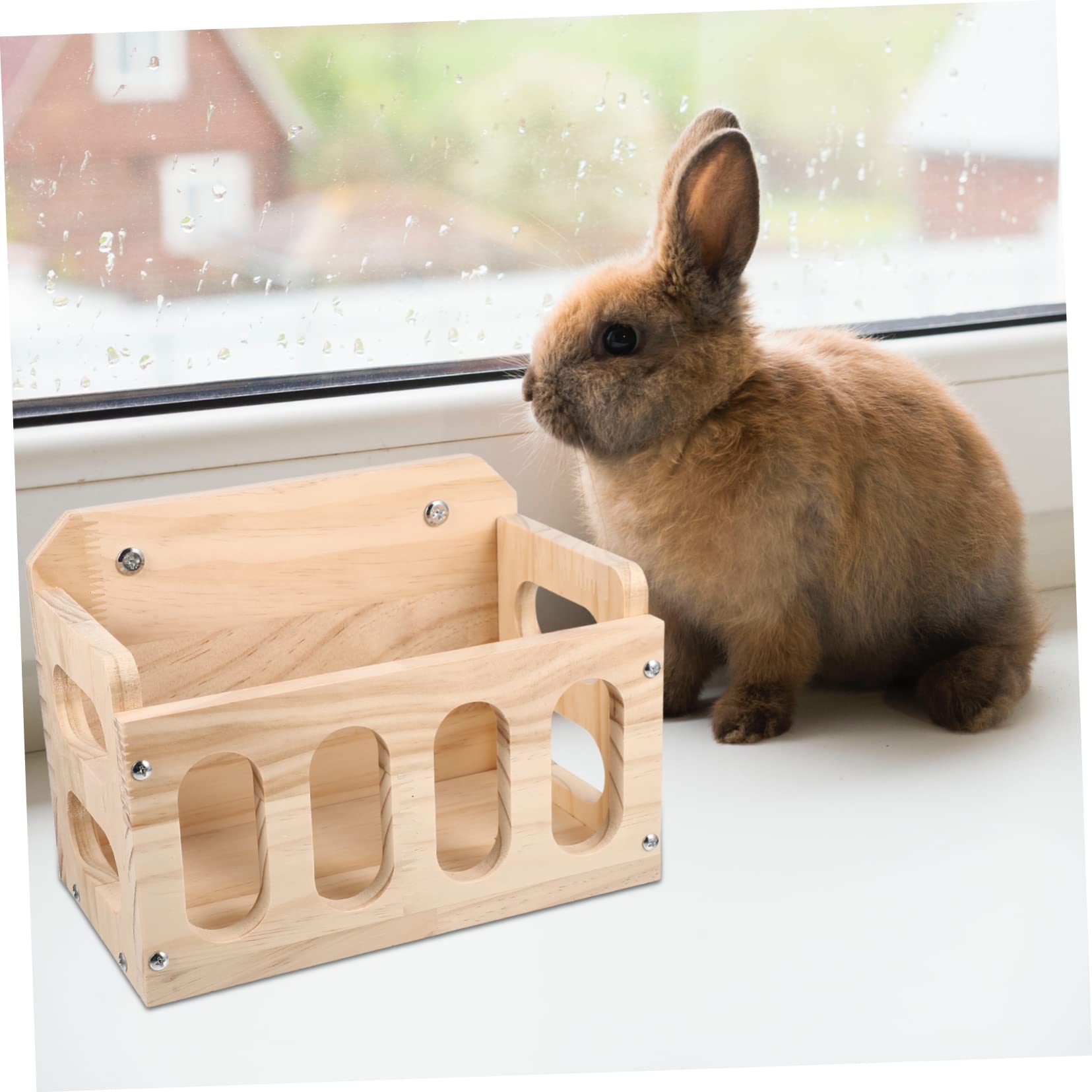 Râtelier à Lapins en Bois Khaki pour Cage, Design Fixe Anti-gaspillage
