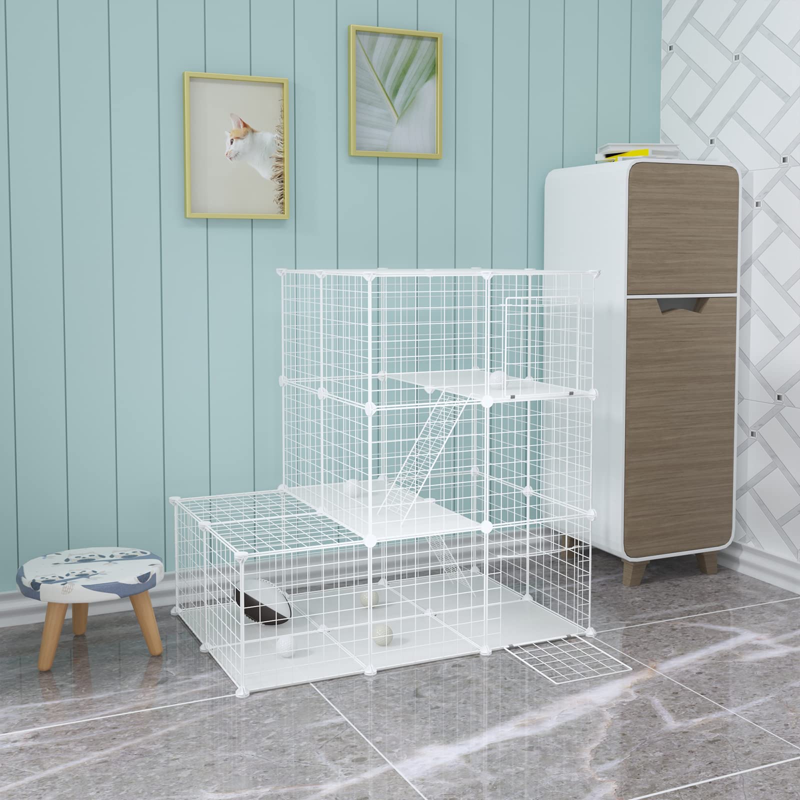EUGAD Enclos Lapin avec Fond, Cage Cochon d'Inde, Modulable, avec 2 Portes et 2 Échelles, Blanc, 110x75x110cm