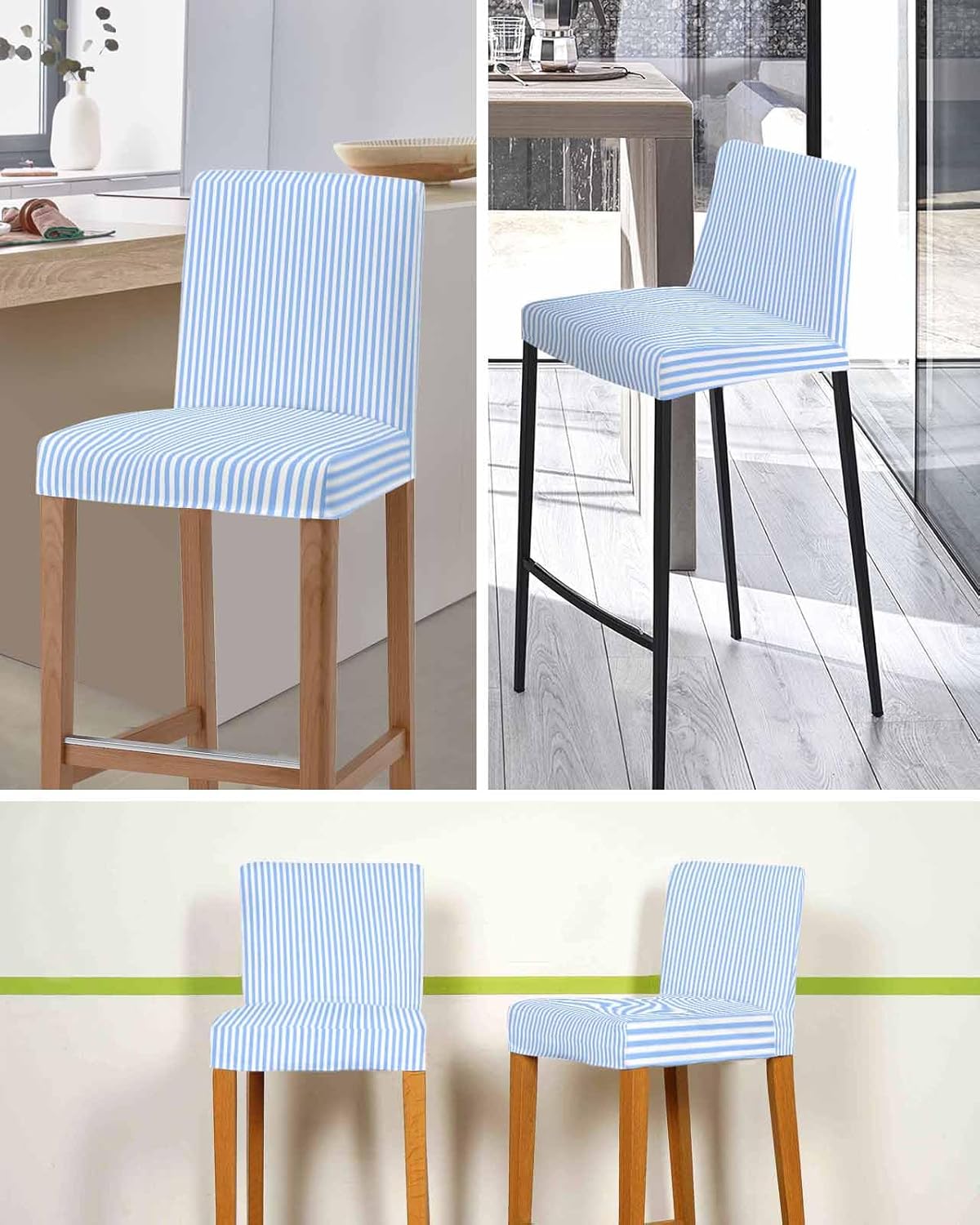 Blue White Stripe Bar Stool Chair Covers Set of 4 with Back,Stretch Barstool Slipcovers Washable,Modern Minimalist Geometric Striped Pub Counter Height/Swivel/Cafe/Dining Room Chairs Seat Cover