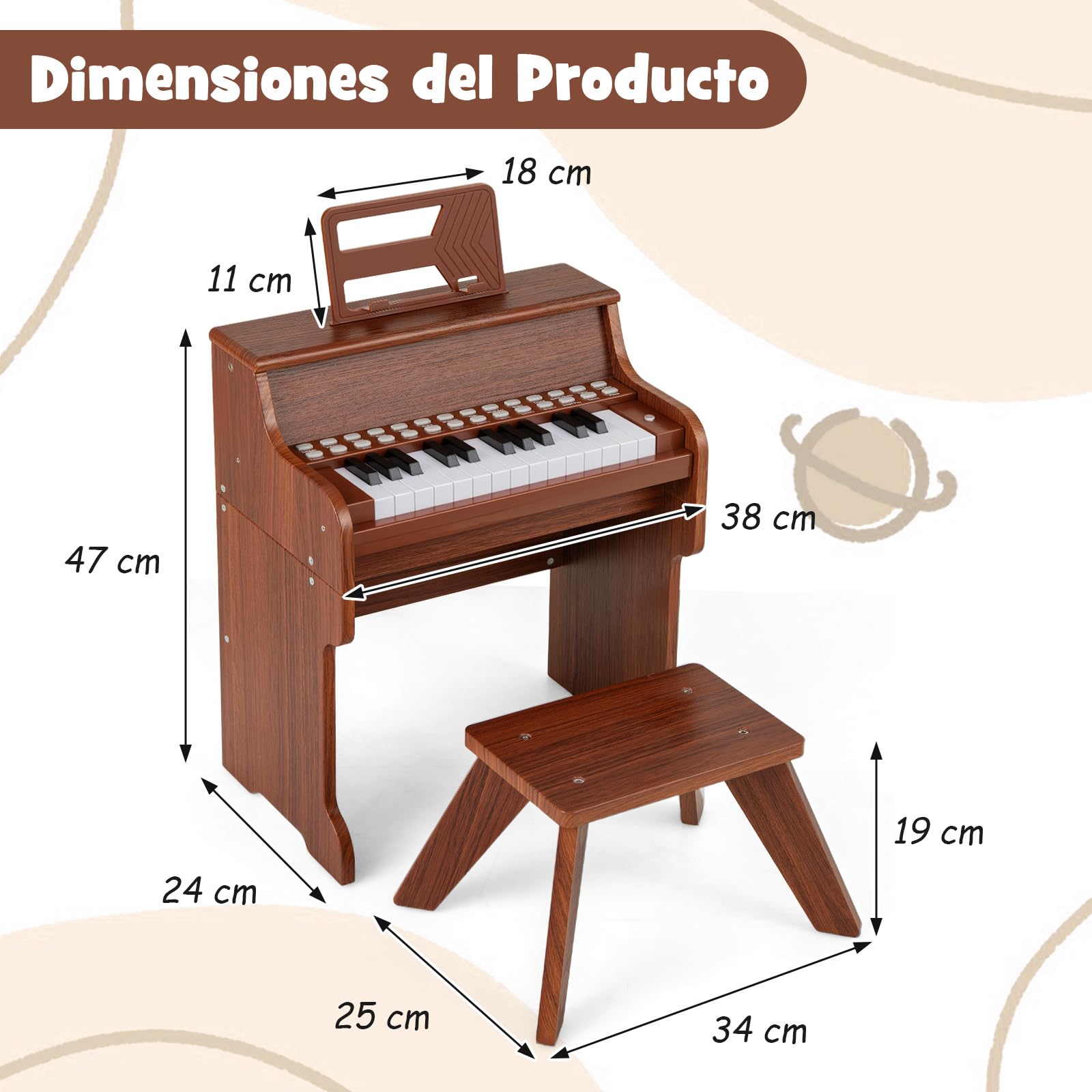 COSTWAY Piano Infantil de 25 Teclas con Taburete y Atril, Órgano Electrónico Niños con Velocidad y Volumen Ajustables, Modo de Enseñanza, Marco Madera, Instrumento Musical para Niños 3+ Años (Marrón)