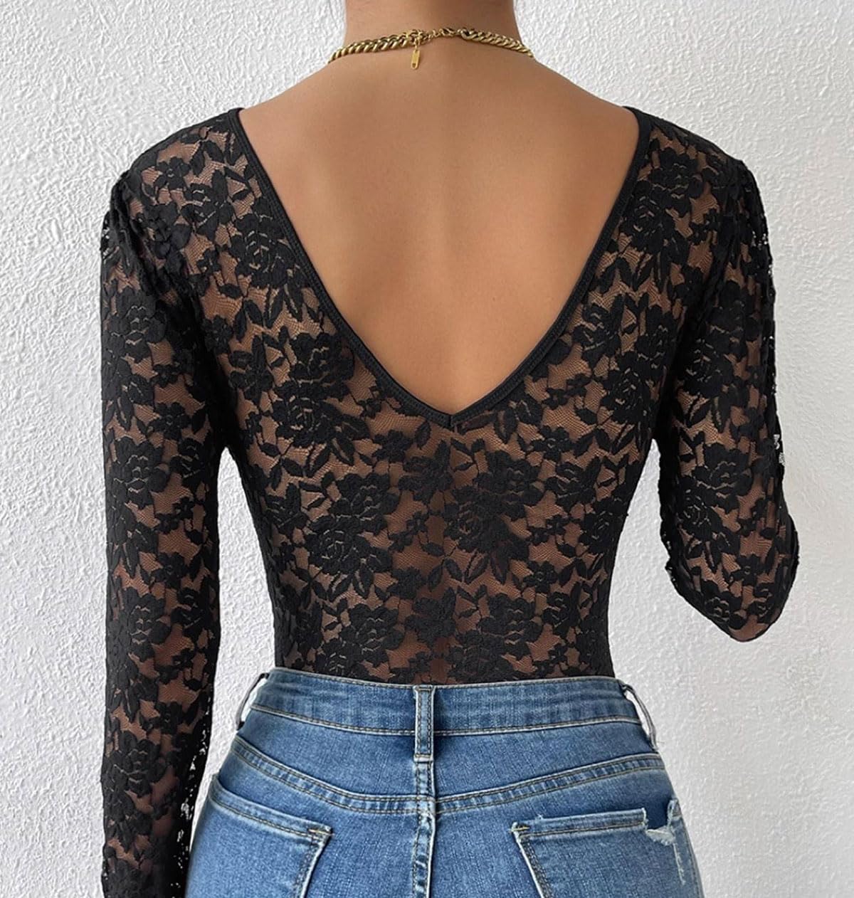 SHEKINI Body de encaje para mujer, lencería sexy, cuello en V, manga larga, body de encaje, leotardo floral transparente, ajuste entallado