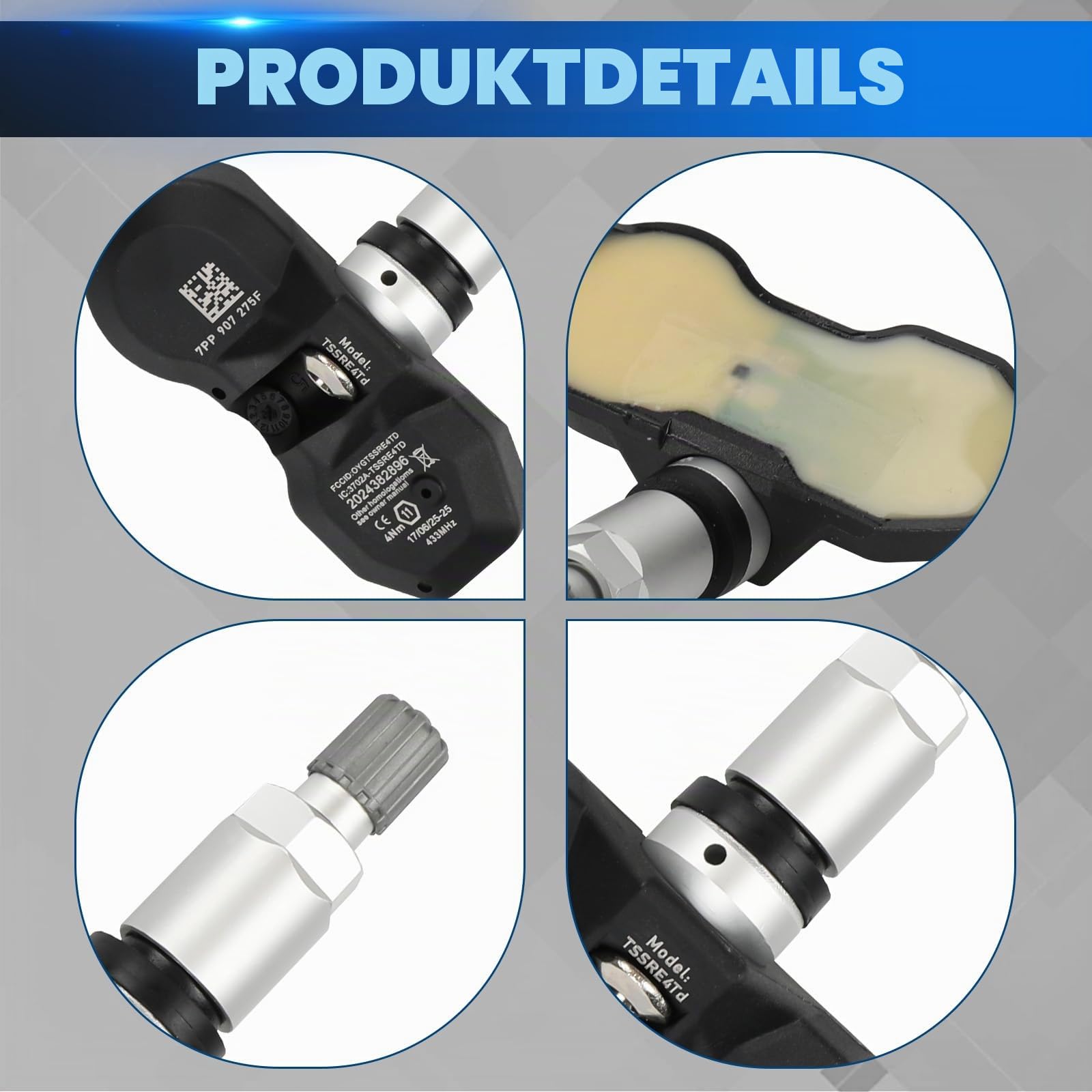 Reifendrucksensor Kompatibel mit Porsche 991 997 981 A-udi | RDKS TPMS Reifendruckkontrolle Sensor Kompatibel mit A-udi A6 A8 Q7 R8 A4 RS4 RS6 7PP907275F 4 Stück