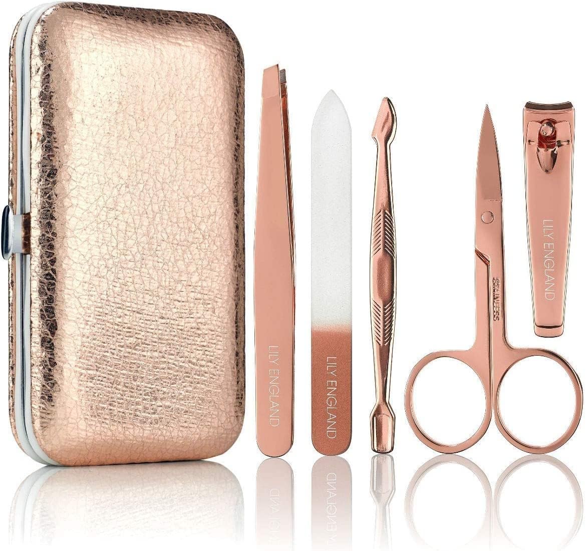 Lily England Manicure Set for Women with 5 Tools & Rose Gold Case