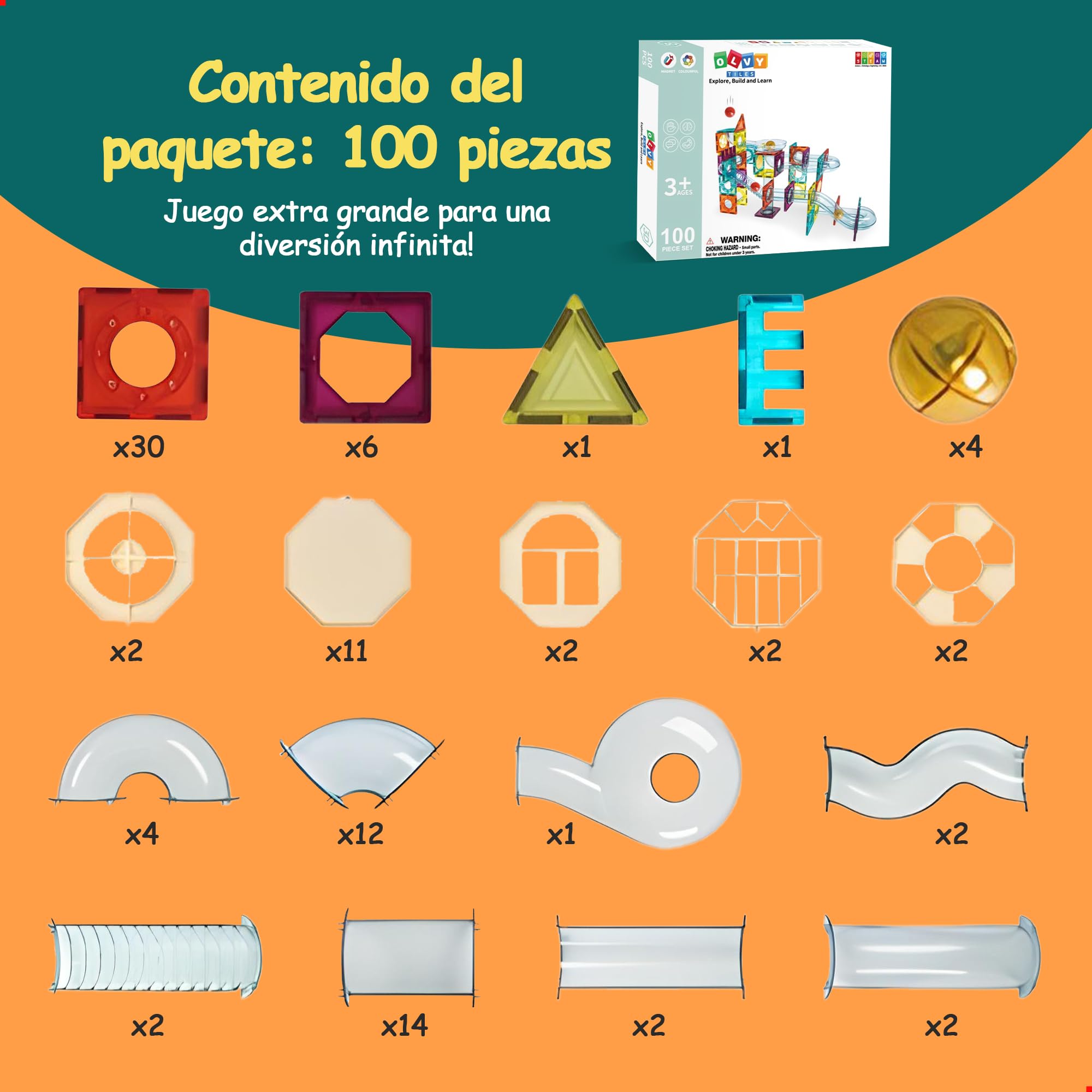 Olvy Bloques de construcción magnéticos Montessori Juguetes – 100 azulejos magnéticos para niños – Juguete de construcción magnético a partir de 3 años – Smart Playground – Juego de bloques magnéticos