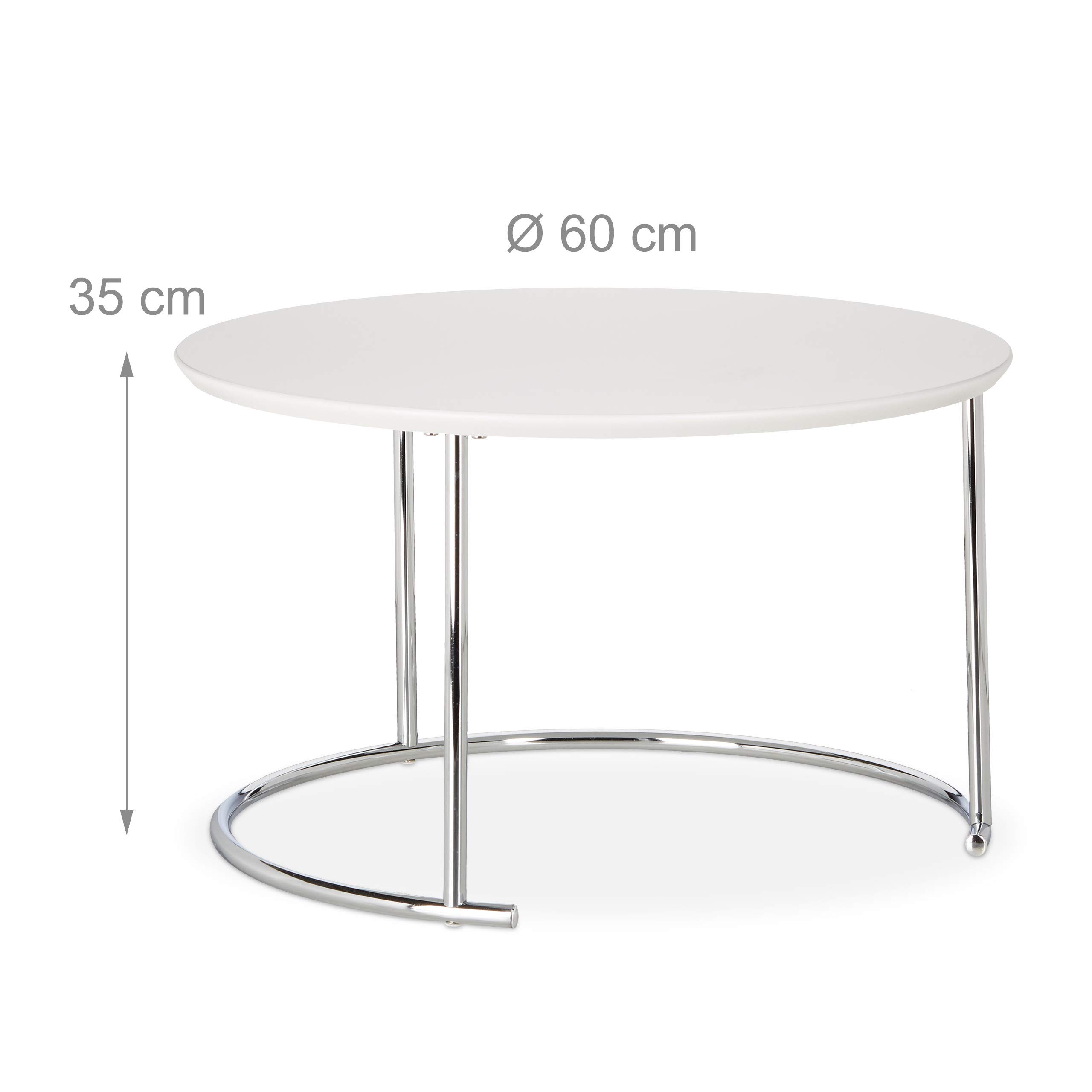 Relaxdays Set 2 tavolini sovrapponibili rotondi piccolo tavolo opaco di legno e metallo cromato 60x60 cm bianco