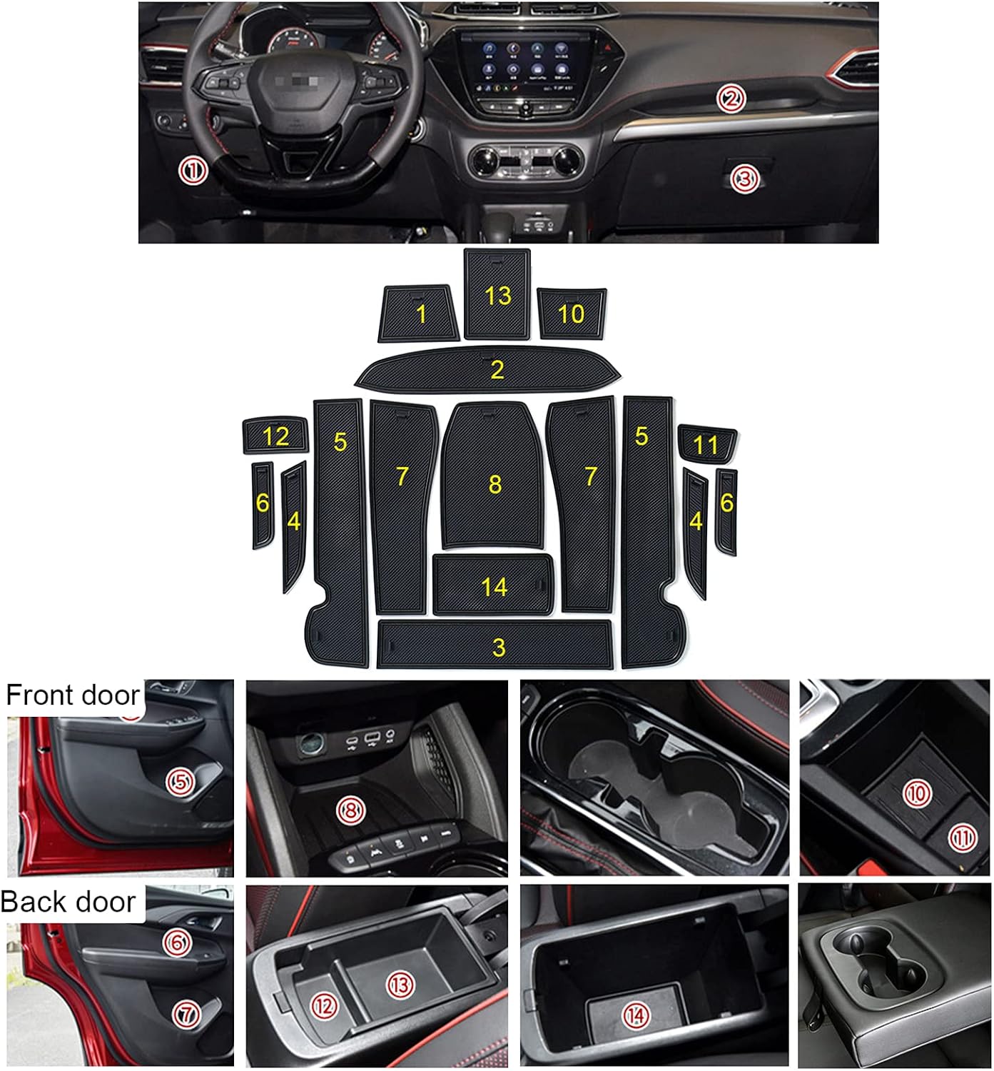 LFOTPP Car Non-Slip Interior Door Gate Slot Mats for 2021+ Trailblazer, Cup Holder Pads Groove Mat Cushions Rubber Mat (Black Colored Trim)