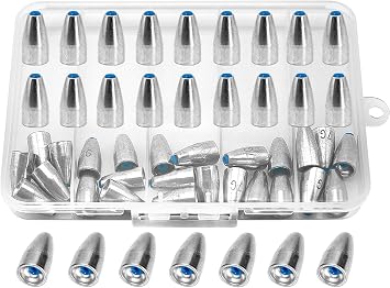 50pcs Bullet Fishing Sinkers Weights Built-in Plastic Core Texas Rig Carolina Rig Punching for Bass Fishing 1/8oz to 3/8oz