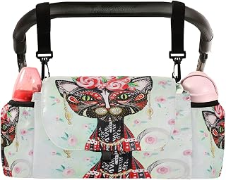 CUPADA Magic Mandala Cat Universal Stroller Organizer with 2 Cup Holders, Pink Flowers Stroller Organizer Bag and Removable Shoulder Strap Fits Most Baby and Pet Strollers