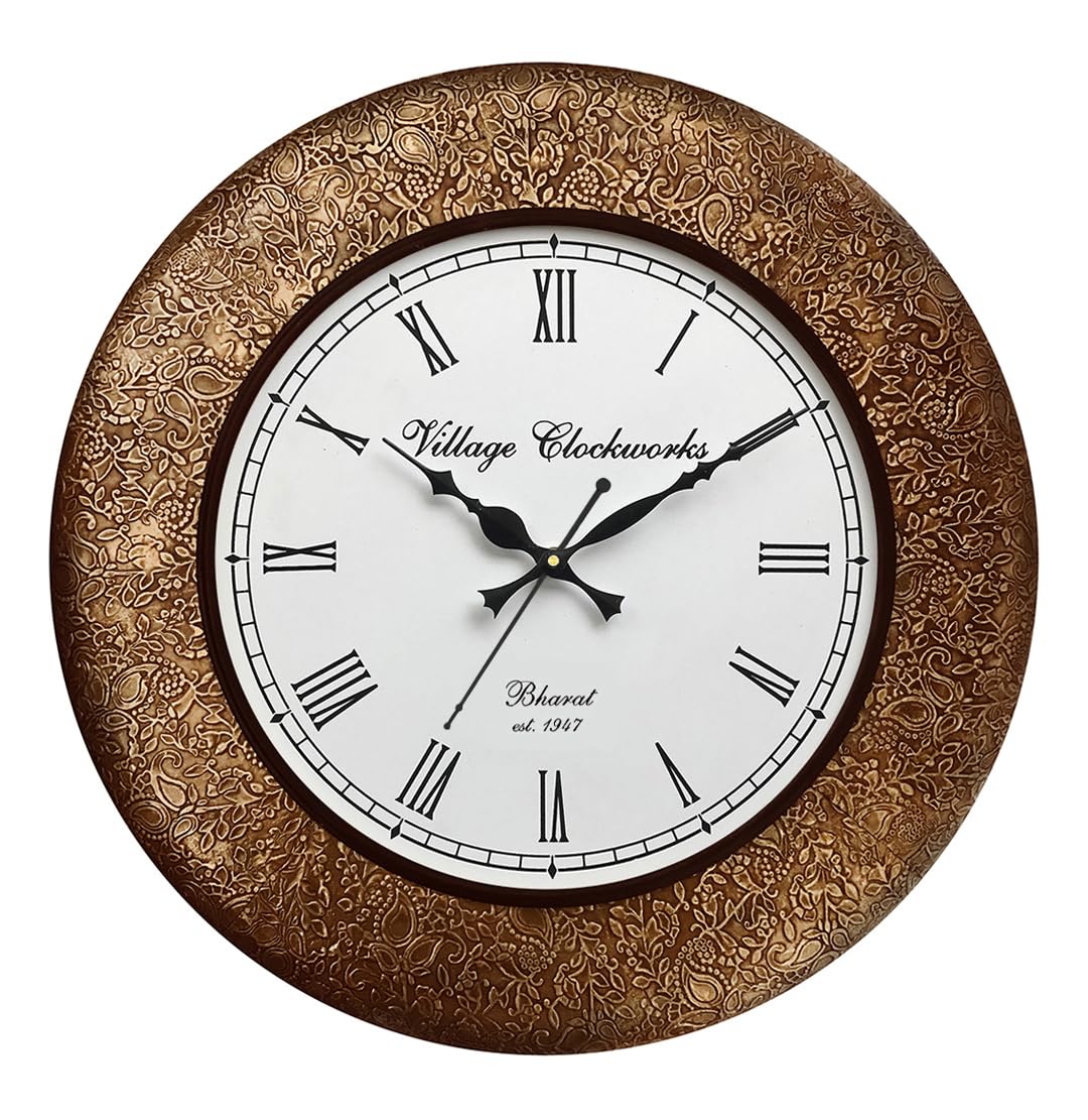 RoyalsCart Decorative Metal Wall Clock for Living Room | 16 Inch Big Metal Analog Wall Clock for Home with Silent Sweep Movement and Elegant Golden Antique Finish | Best for Decor & Gifting [KTWC213]