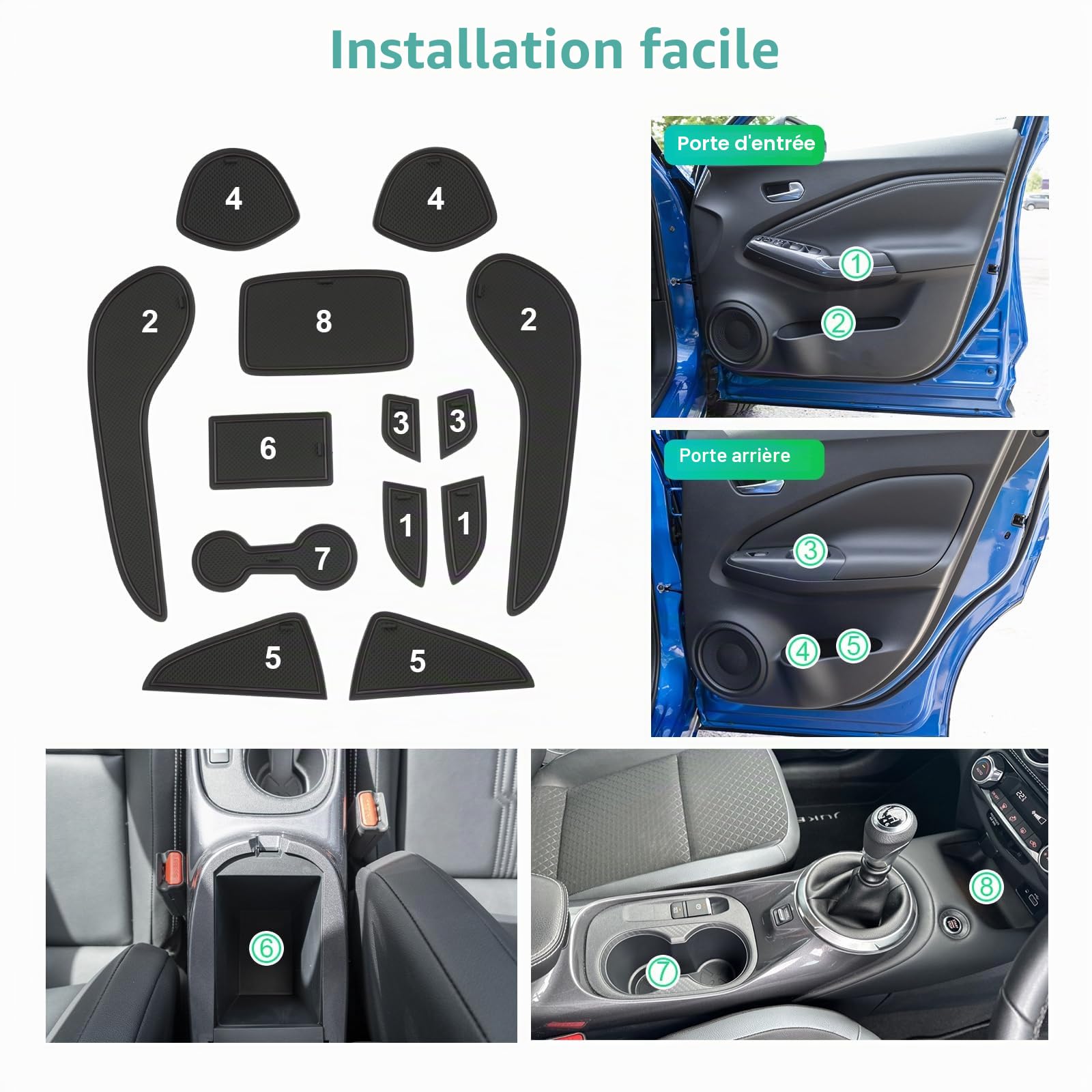 GAFAT Compatible avec Nissan Juke F16 2020-2025 2026 (Frein Électronique) Tapis Antidérapant en Caoutchouc, Tapis pour Console Centrale, Couture de Porte, Accessoires Juke Hybrid F16 (Noir)