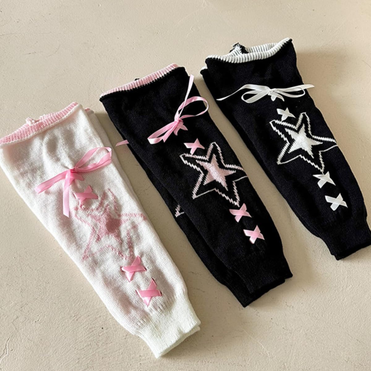 Y2K - Calentadores de piernas para mujer, diseño de estrellas con lazo, calcetines de punto kawaii, góticos japoneses, calentadores Lolita
