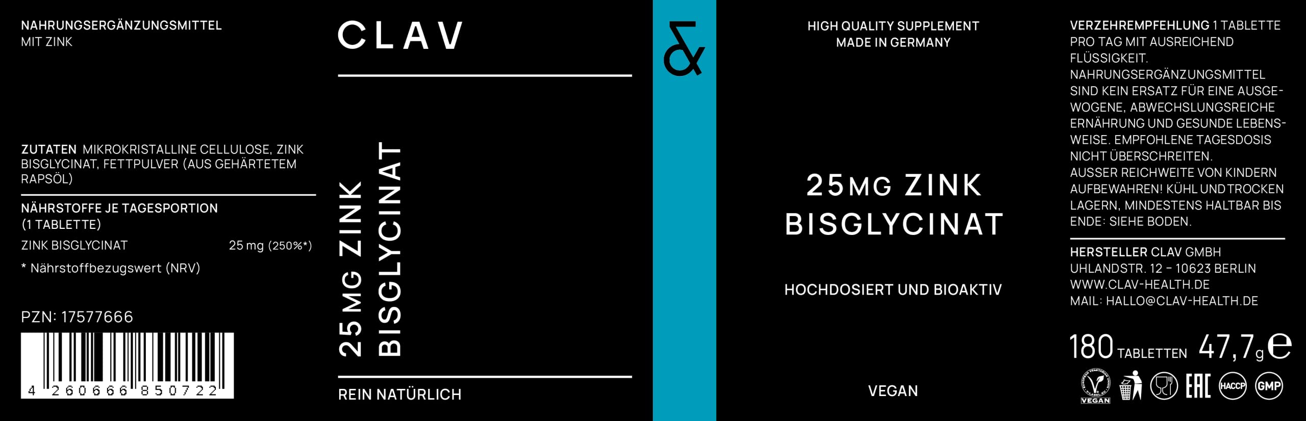 CLAV® Zink 25mg, Premium Bisglycinat hochdosiert, 540 Vegane Tabletten