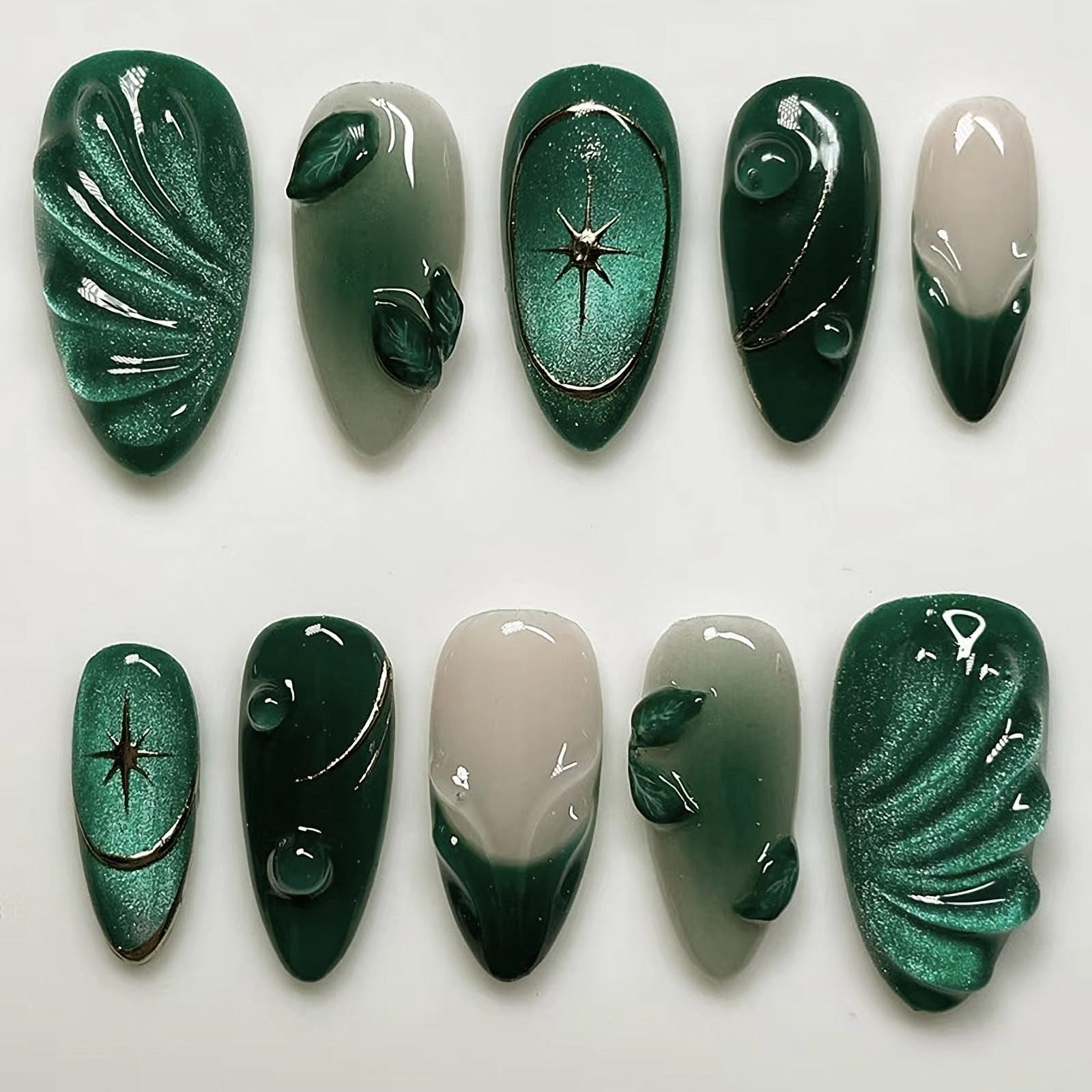 MISUD Press on Nails - Medium Almond Faked Nails with Dark Green Leaf, Acrylic Cat Eye Design 24 pcs