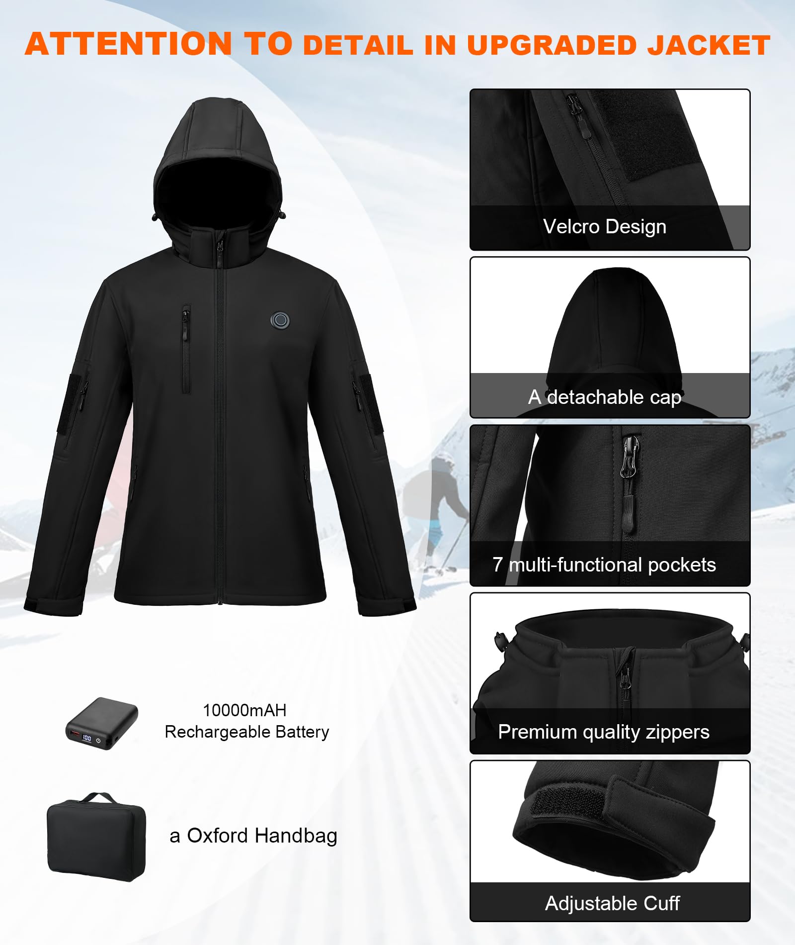 Femme Veste Chauffante avec Batterie Incluse 10000mAH, Veste de Ski Imperméable Coupe-Vent 3 Niveaux de Chauffage Noir L