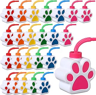 24 Pcs 10 oz Dog Paw Cups with Straw and Lid Dog Themed Birthday Party Supplies, Cute Print Plastic Puppy Drinking Cup Bulk for Kids Birthday Dog Theme Party Favors Decoration