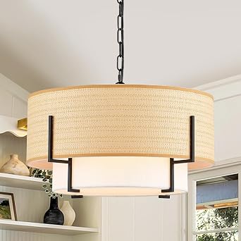 VILUXY 19.8 Farmhouse Boho Chandelier, 4-Light Hand Woven Rattan Pendant Light with Fabric Shade Rustic Drum Chandelier for Dining Room Kitchen Bedroom Foyer Entryway Living Room, UL Listed