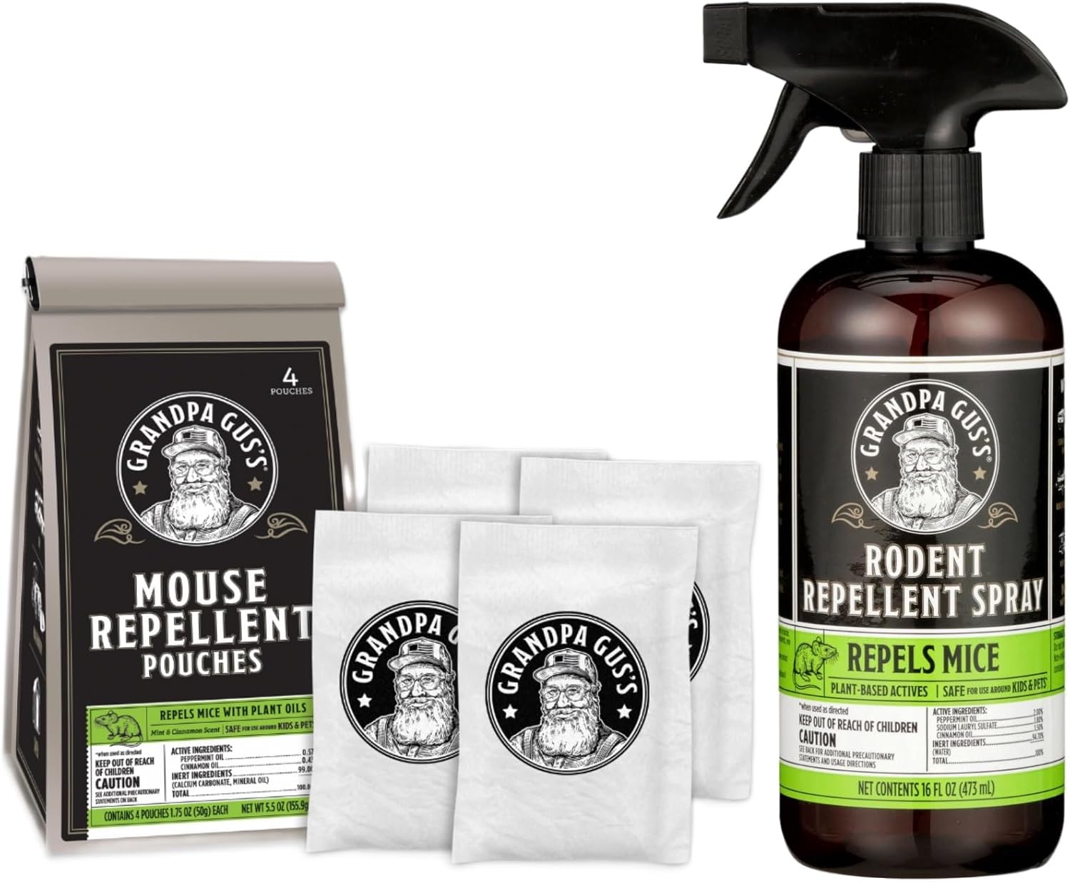 Grandpa Gus's Mouse Repellent Pouches (4 Pouches) Bundled with Rodent Repellent Spray (16 fl oz)