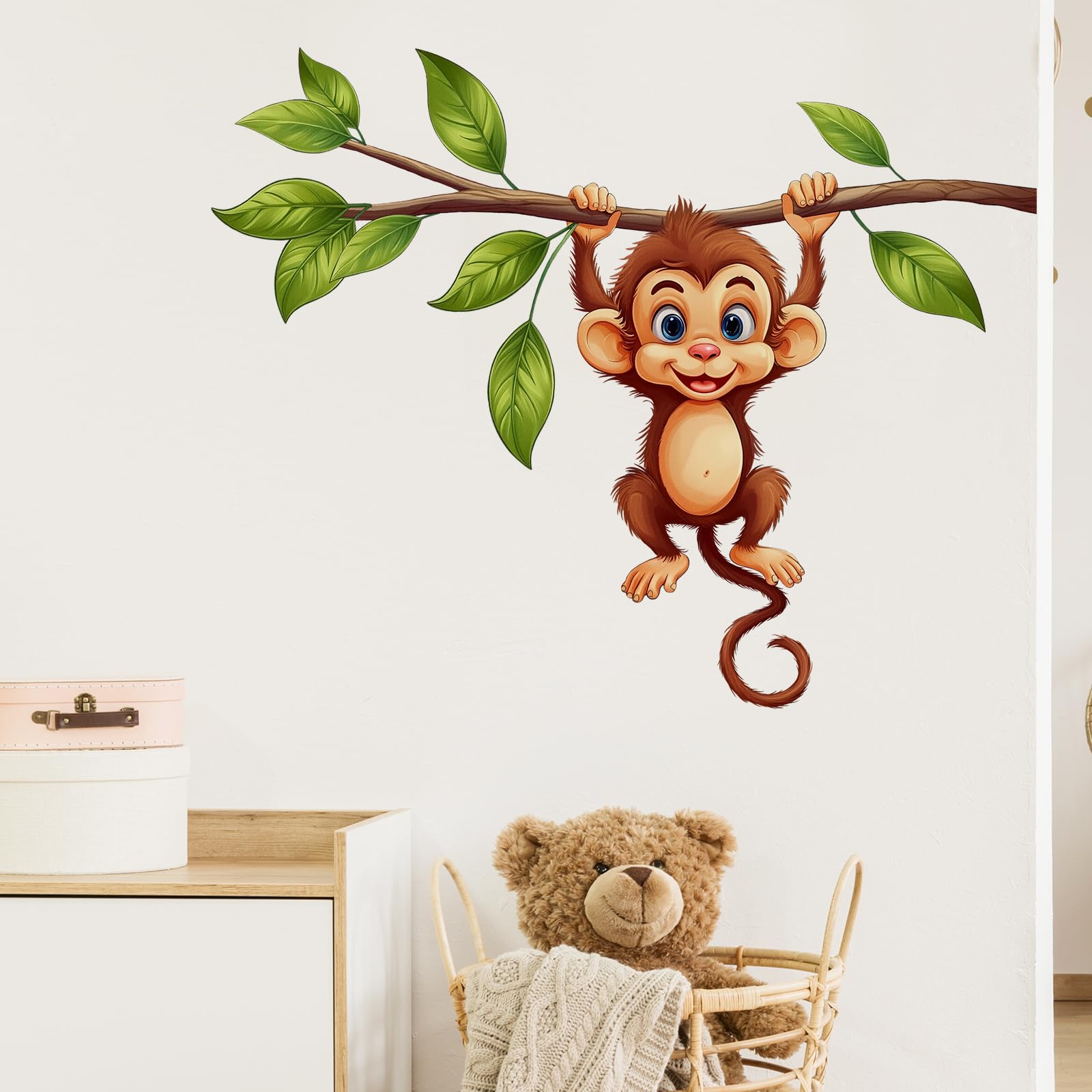 Lindo mono colgando en rama calcomanía de pared de animales para guardería infantil bebé extraíble despegar y pegar arte de pared decoración del hogar para sala de juegos preescolar, sala de