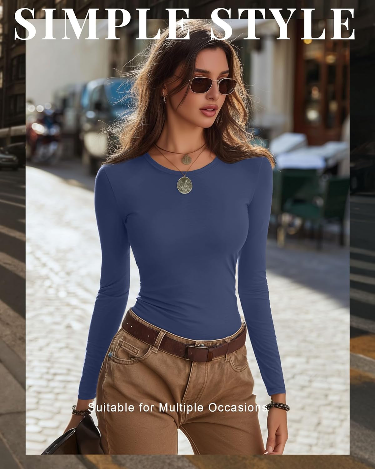 7 Pcs Women's Long Sleeve Tops Crew Neck Slim Fit Shirts Basic Going Out Tight Tees - Image 2