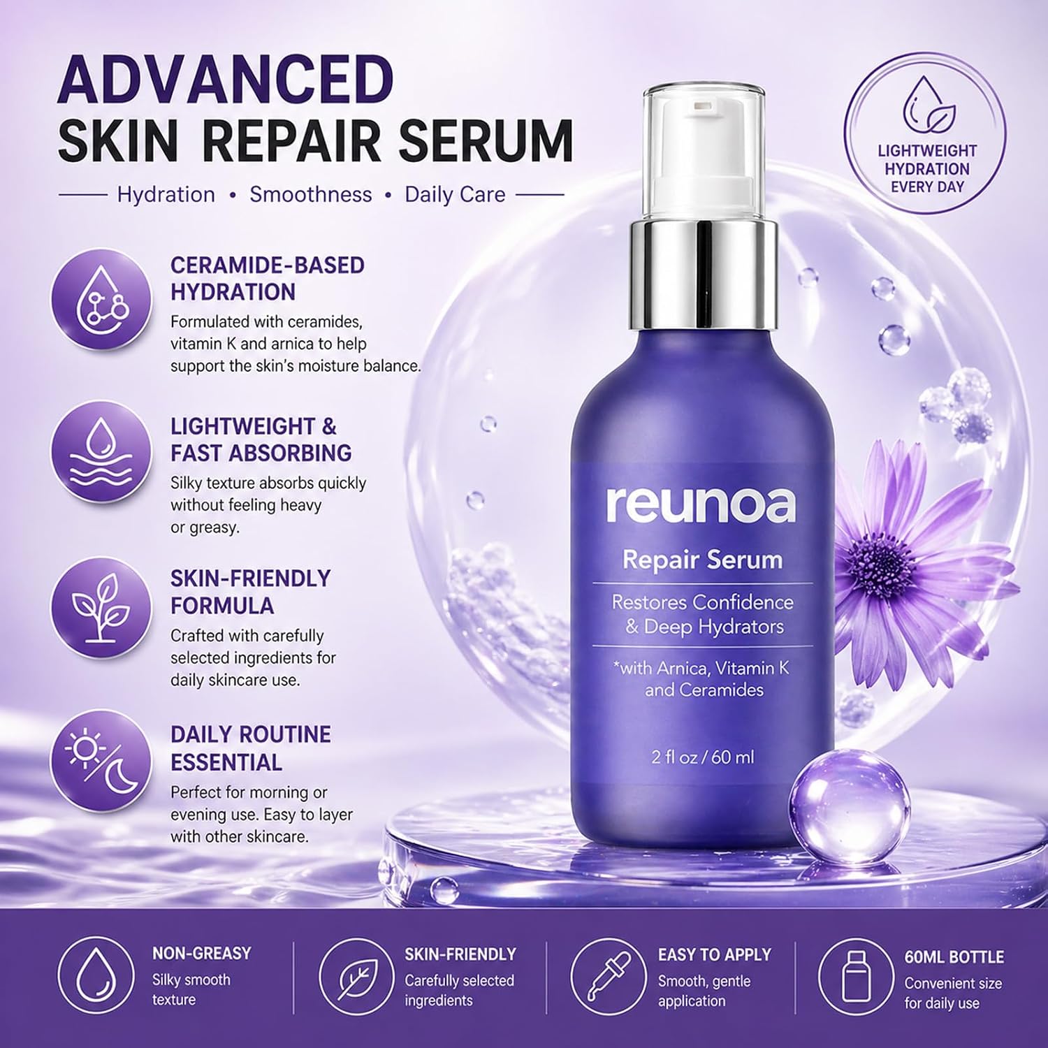 Reunoa Bruise Defense & Repair Serum, Ceramide Serum, with Ceramides, Vitamin K, and Arnica, Restores Confidence, Deep Hydrators, Redwuce Drynaess, 60ml