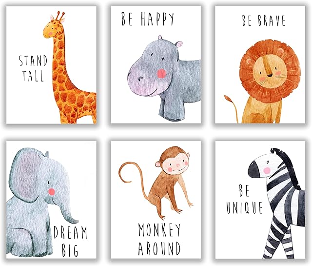 Safari Nursery Decoration - Animal Prints For Nursery Easy To Decorate - Safari Nursery Decor - Set Of 6 - Animal Pictures For Nursery - Playroom Pictures - Kids Wall Art & Nursery Prints 8x10 in
