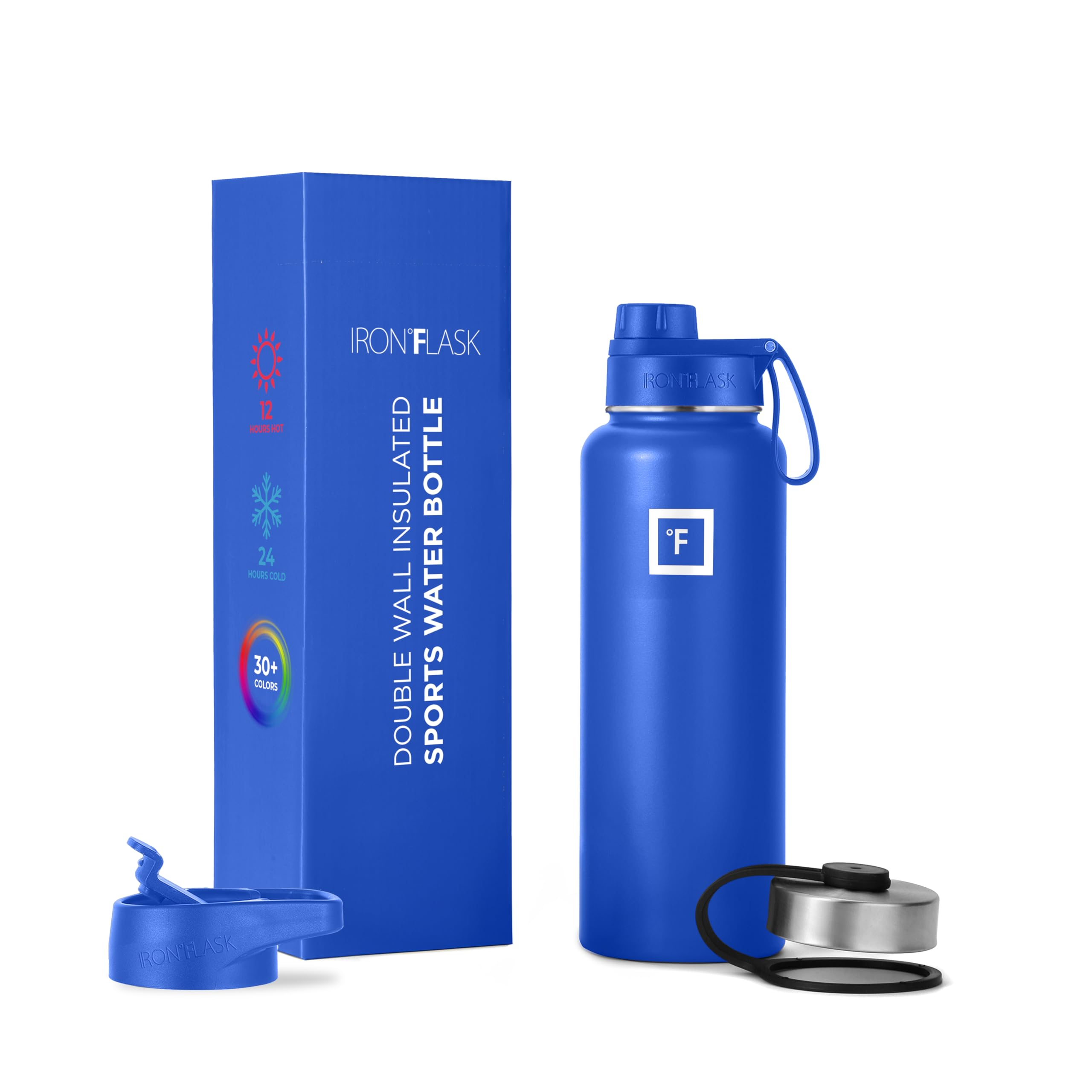 IRON °FLASKCamping & Hiking Hydration Flask, Wide Mouth, 3 Spout Lids, Stainless Steel Outdoor Water Bottle, Double Walled, Insulated Thermos, Metal Canteen - Cobalt, 40 Oz