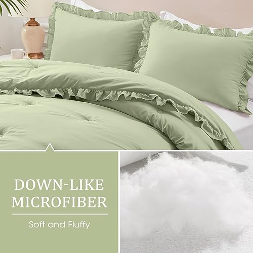 Miniatura 4 de HARBOREST Juego de edredón individual - Juego de edredón ligero de 2 piezas para cama individual - Juego de ropa de cama verde con volantes verdes,