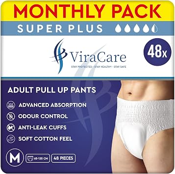 48 x Super Plus Incontinence Pants Women & Men | Adults Nappies | Advanced Absorption and Soft-Stretch Waistband | Adults Pull Up Pants | Waist Size Medium 65-135 cm | 4 Packs of 12