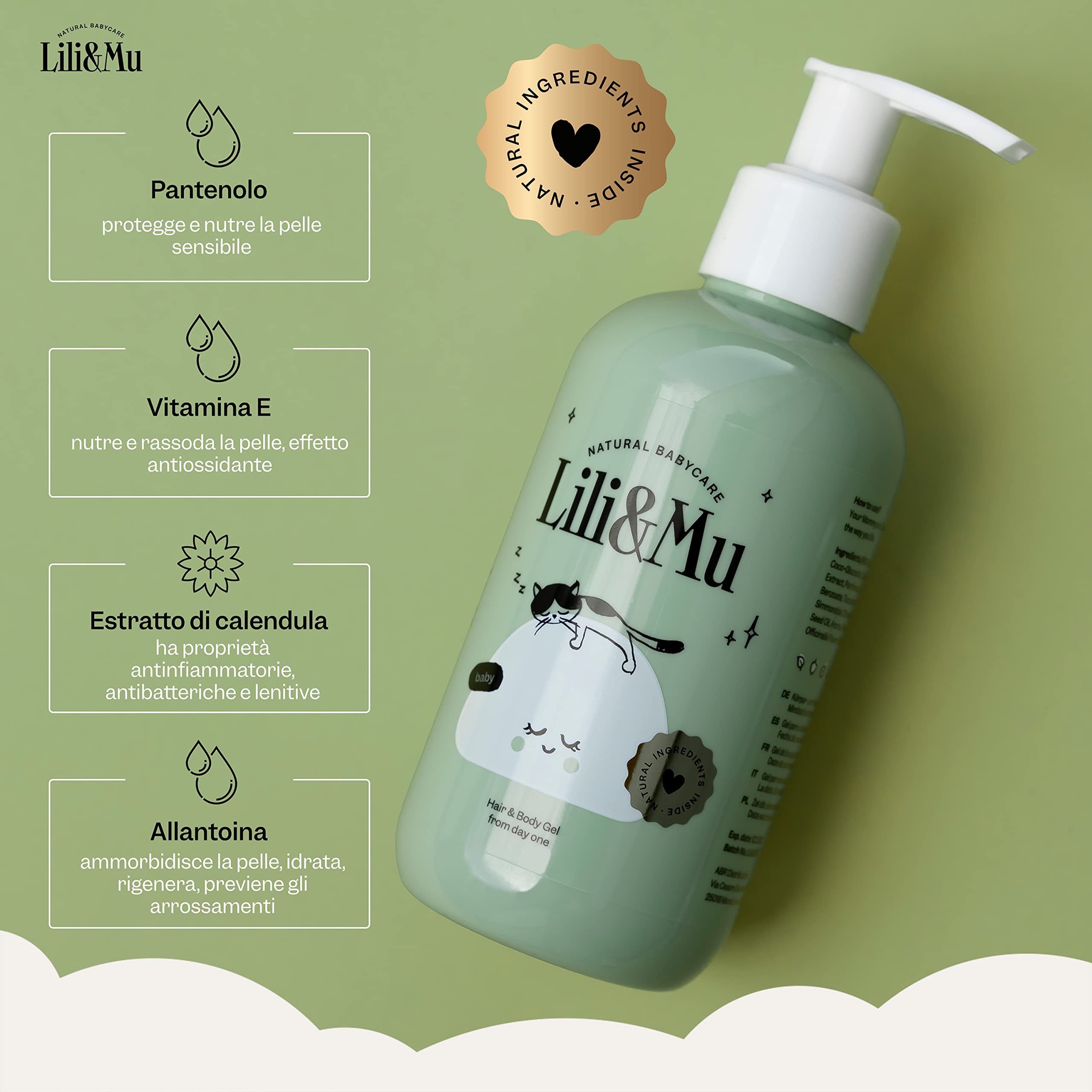 Lili&Mu - Crema idratante + Olio naturale per la cura + Crema allo zinco + Shampoo e gel doccia - Lozione cosmetica naturale per la cura dei bambini