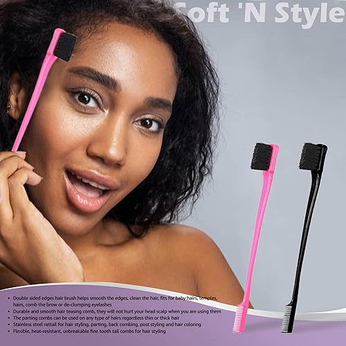 Miniatura 4 de Foxi Fresh - Peine de doble cara para control de bordes, 2 unidades, color rosa y negro