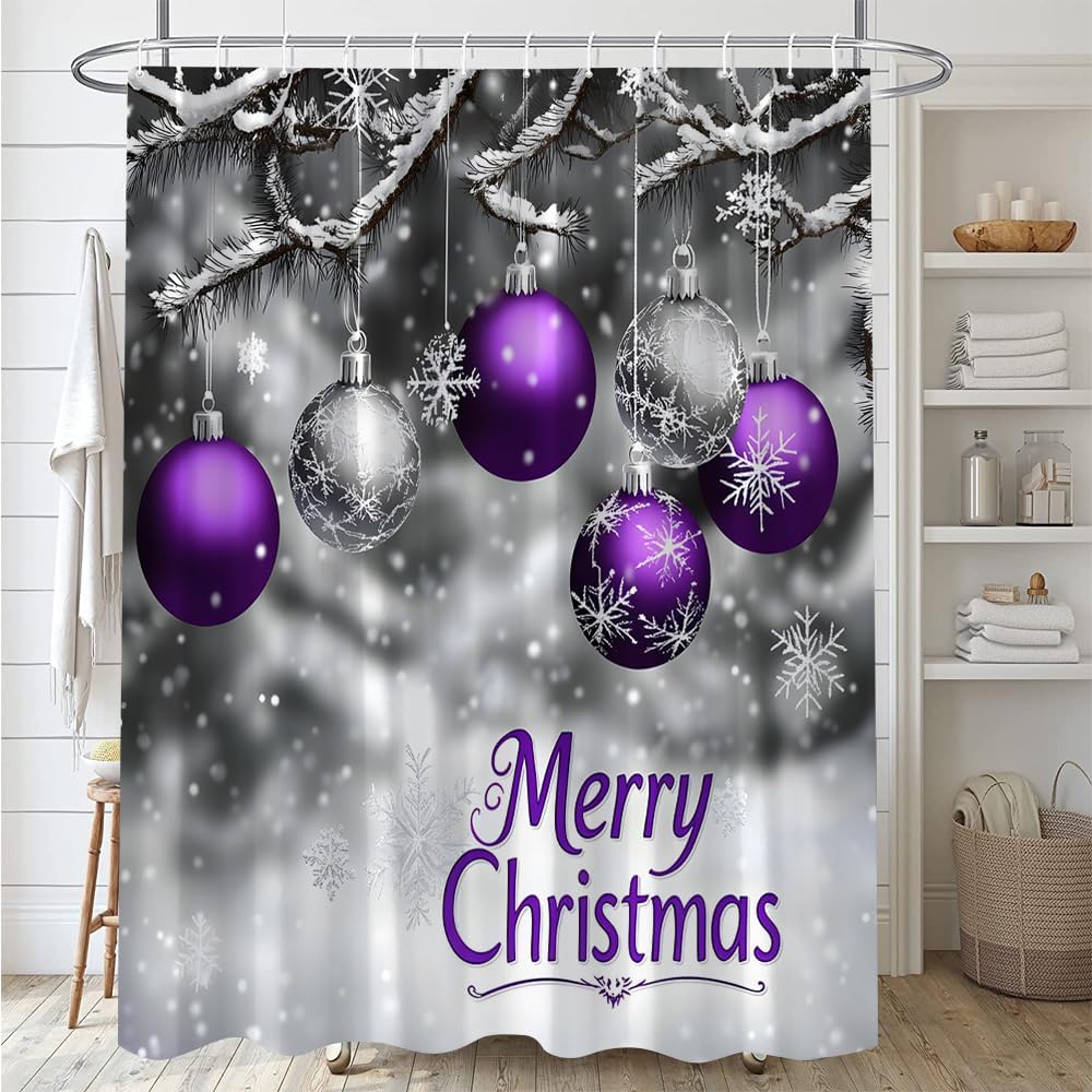 Merry Christmas Shower Curtain Purple Silver Xmas Ball Snowflake Frosted Pine Fir Branch Misty Forest Polyester Fabric Bathroom Decor 70×96 Inch with Hook
