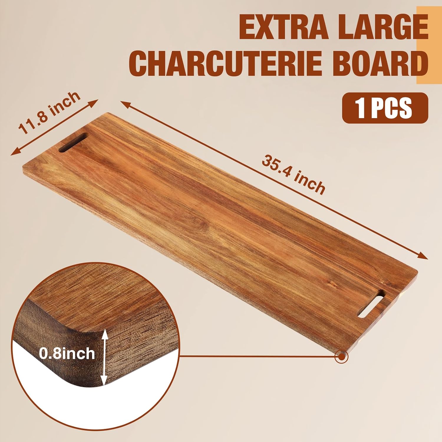 skylety 1 pieces 35.4" large charcuterie board with handles, long acacia wooden cheese cutting board serving platter for party appetizers bread meat display kitchen decoration