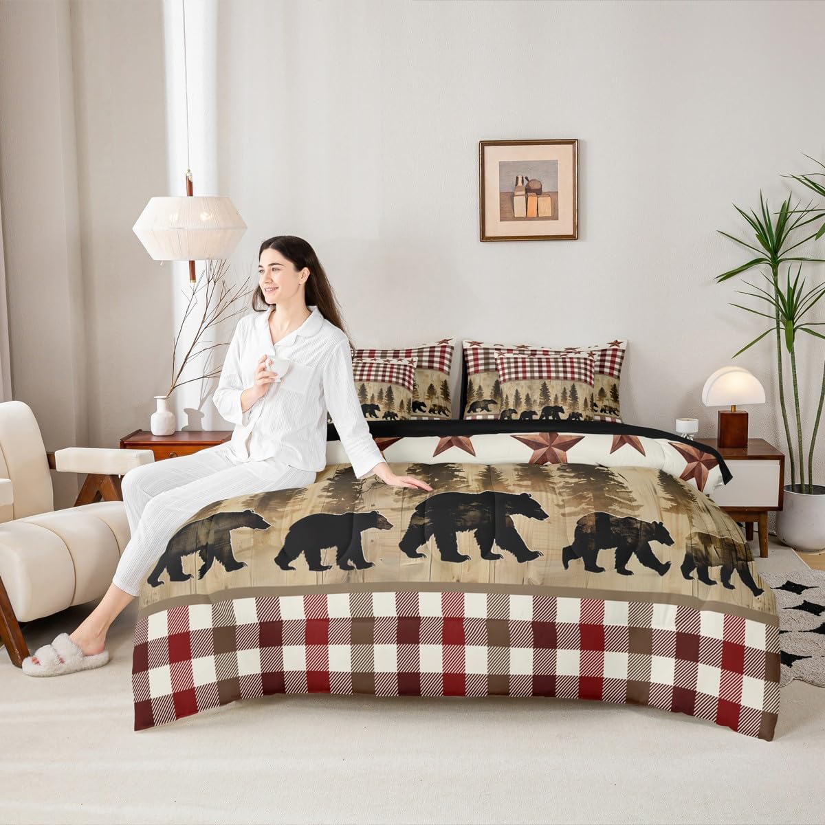 Rustic Bear 7 Piece Bedding Set Queen Size,Curtain Farmhouse Cabin Country Hunting Comforter Set With Sheets Red Brown Buffalo Plaid Bed In A Bag Woodland Wild Animal Bed Set For Kids Teen Adults