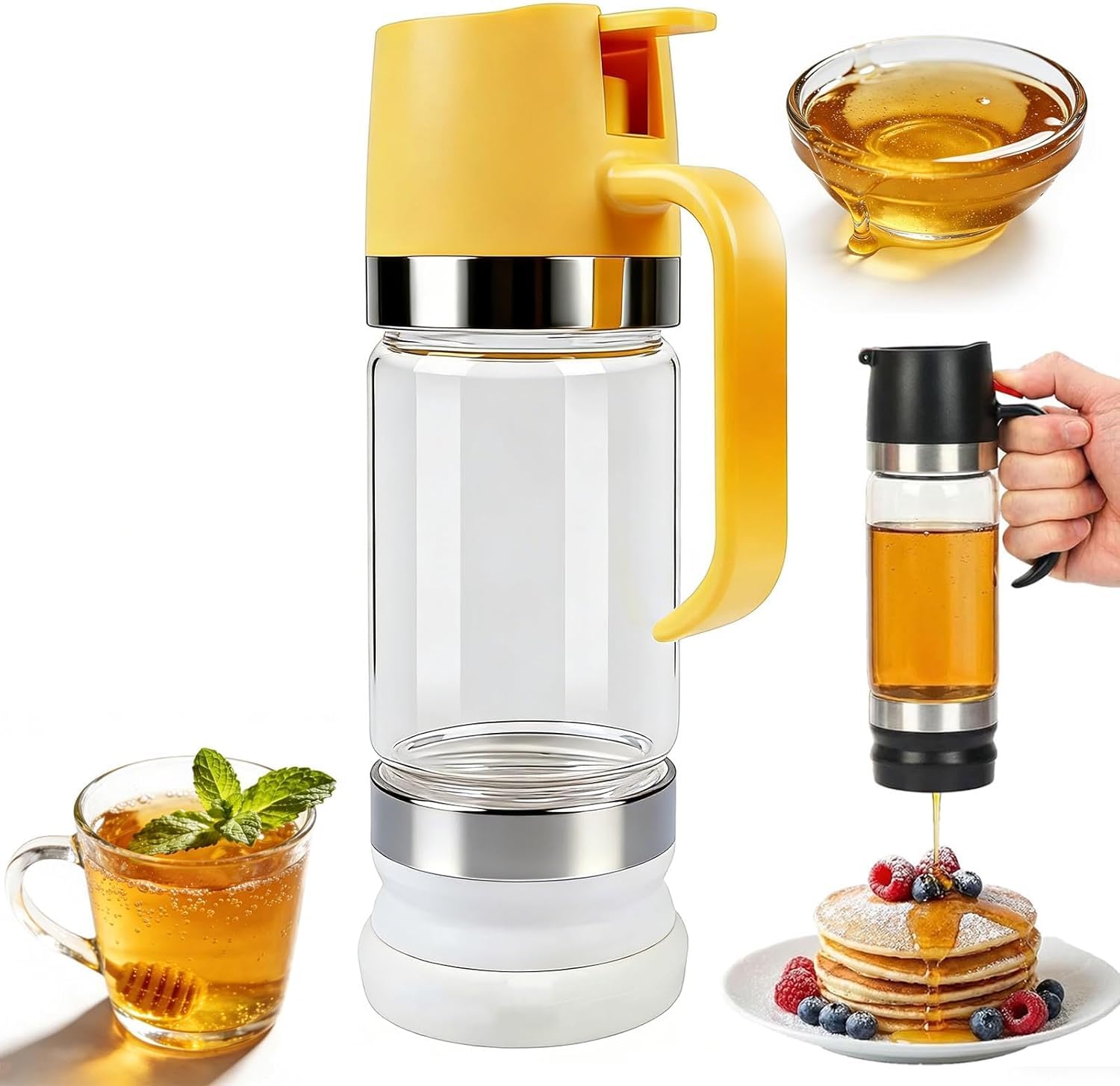 Dispensador de miel sin goteo con base, dispensador de miel de vidrio de 12 onzas con asa, dispensador de miel y jarabe sin desorden, dispensador de jarabe de arce sin goteo, tarro de miel de vidrio