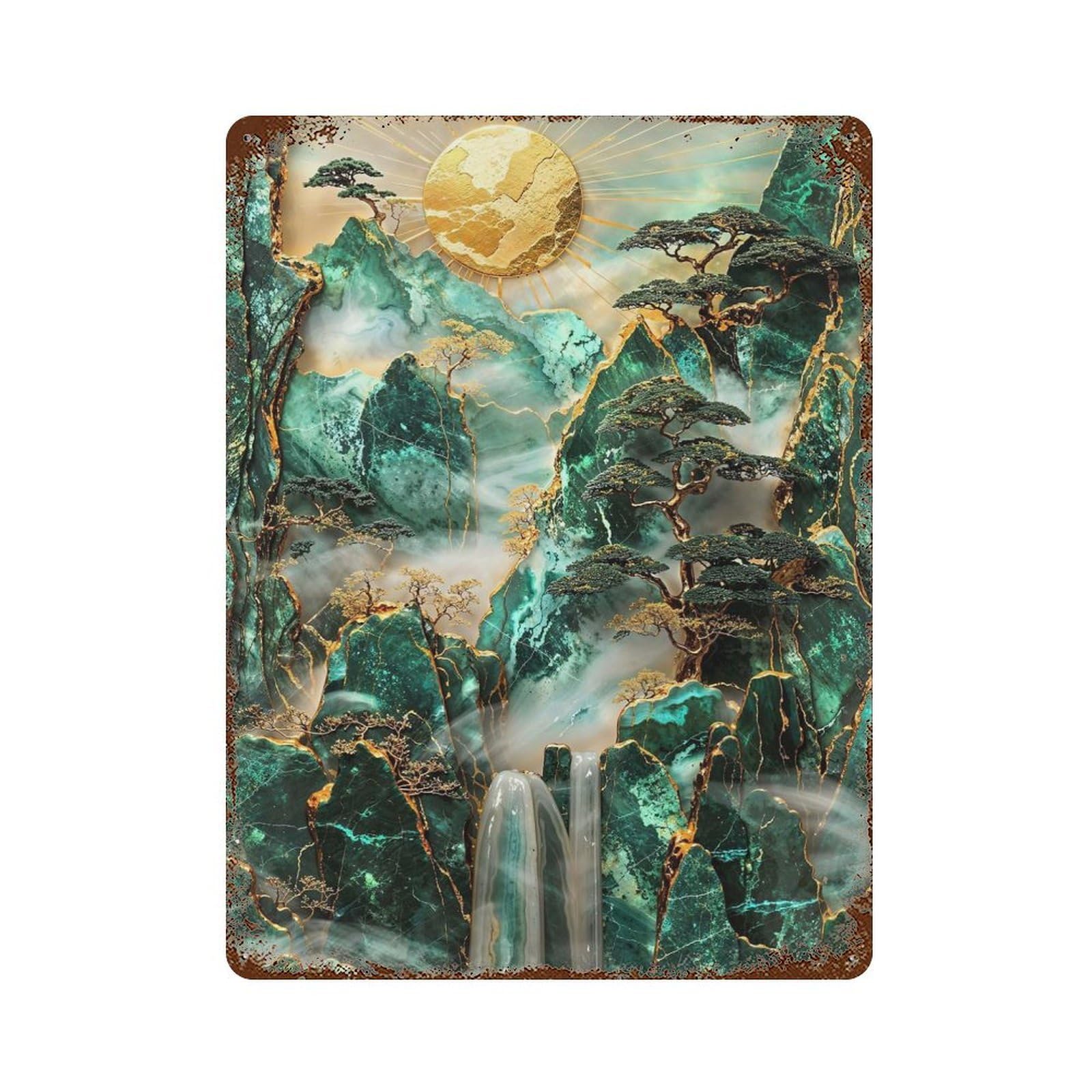 Garage Style Misty Mountain Sunrise Weathered Tin Sign 15.7"x11.8", Classic Wall Plaque for Bar And Workshop