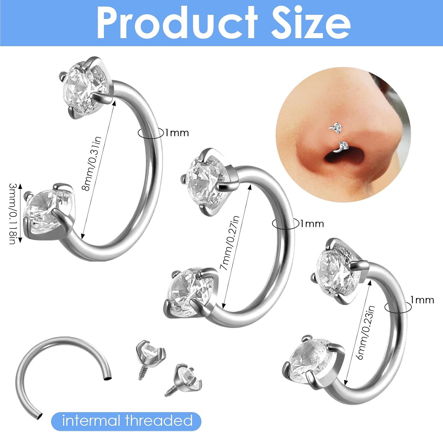 18G Horseshoe Nose Ring 6mm 7mm 8mm Titanium Double Gem Horse Shoe Nose Ring Hoop Flat Back Helix Cartilage Lip Piercing Jewelry with Internal Threaded Piercing Taper and Grabber Tool