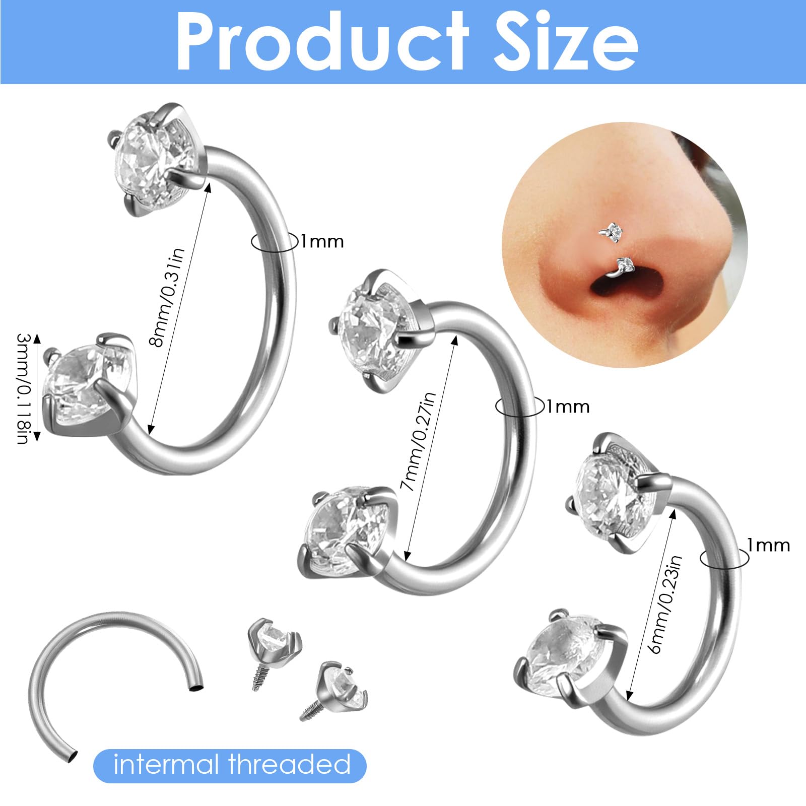 18 g kolczyk do nosa w kształcie podkowy, zestaw kolczyków do nosa, septum, 6 mm/7 mm/8 mm, tytanowy kolczyk do nosa, srebrny, z narzędziem chwytającym i igłą do piercingu z tyłu, helix