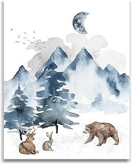 Woodland Animals Children's Wall Decor, Rustic Mountain Tree Forest Landscape Wall Art for Kids, Watercolor Nature Baby Nursery Decor for Boys or Girls Bedroom, Blue Gray Black, Unframed 11X14 Print.