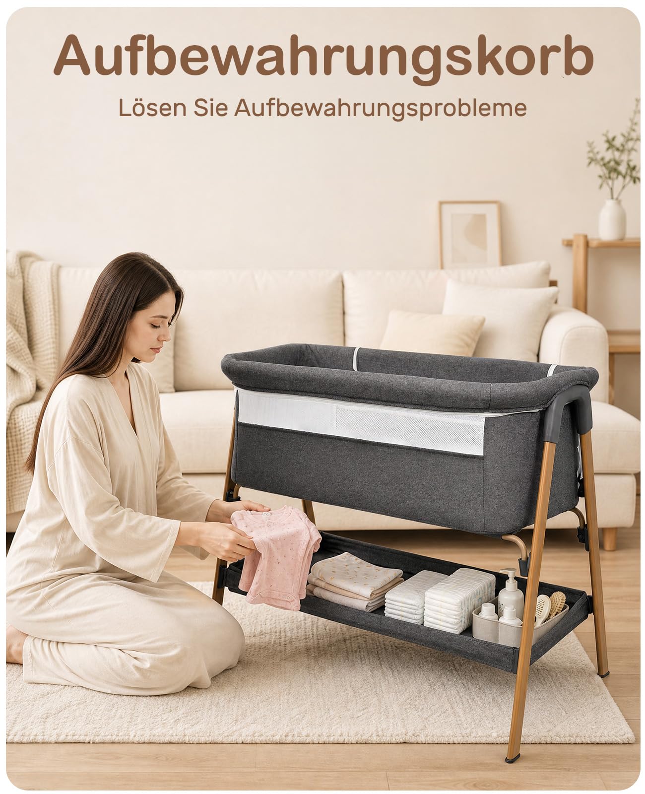 UBRAVOO Beistellbett Baby 2-in-1, Babybett & Baby Wiege für Neugeborene – mit Aufbewahrungskorb & Weicher Matratze (Grau)