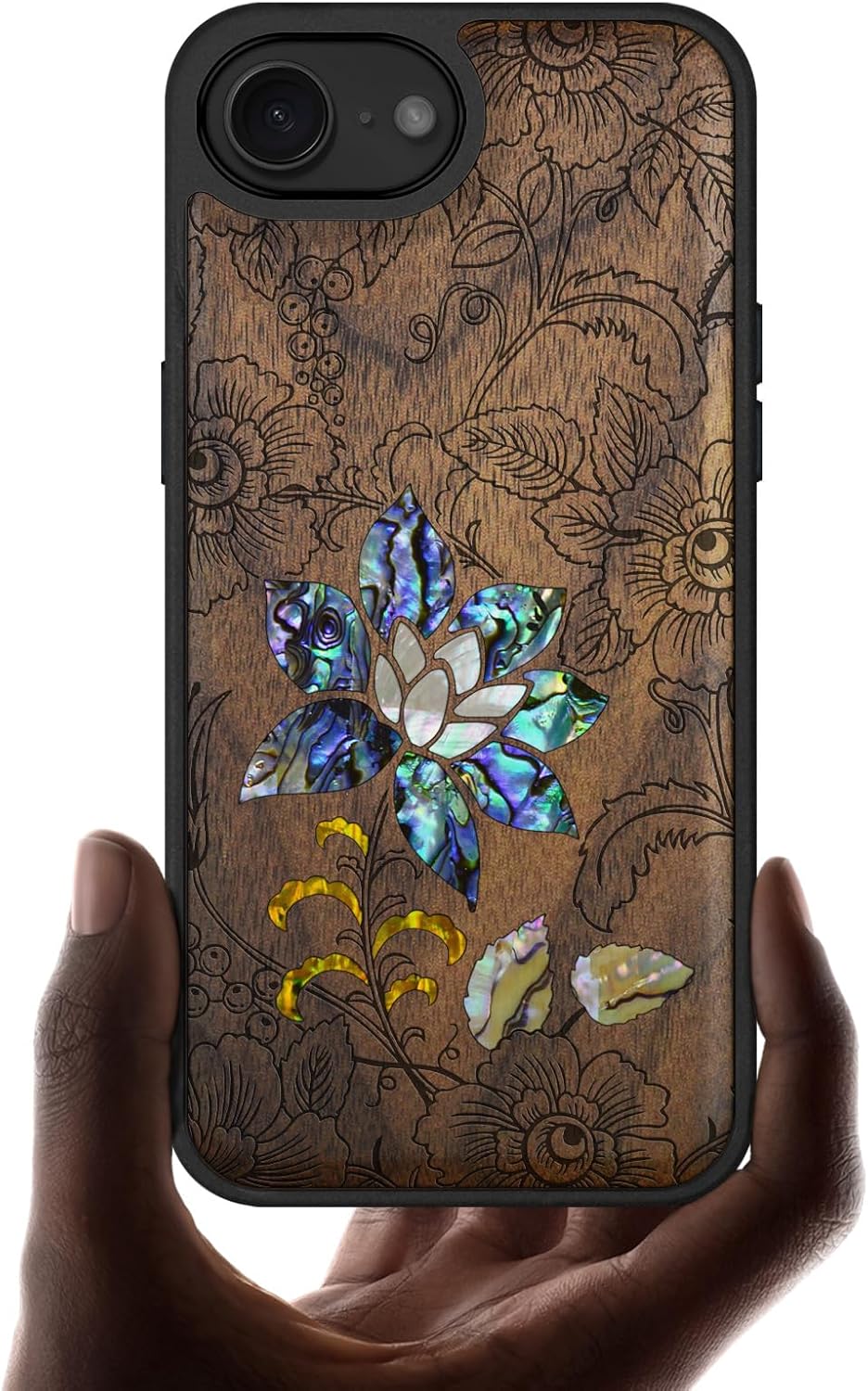 Carveit Magnetic Wooden Case for iPhone 16e / 17e, Wood Artisan Engraved & Handmade Shell Inlaid, TPU Shockproof Cover, Compatible with MagSafe Wireless Chargers, Flowers and Leaves - Walnut