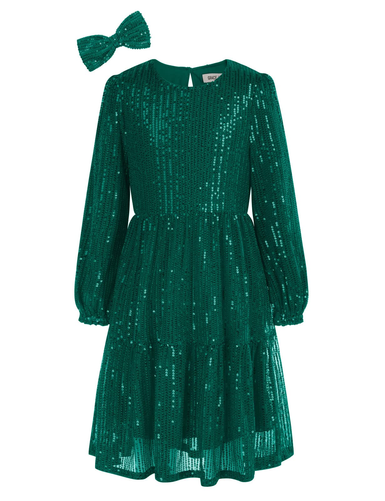 GRACE KARIN Vestido Niña de Manga Larga con Lentejuelas Vestido de Fiesta Elegante con Cuello Redondo Pliegues