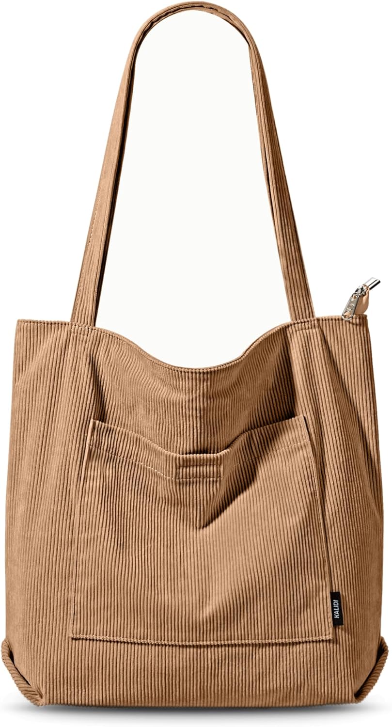 KALIDI Women Corduroy Tote Bag Large Shoulder Tote Bag with Zipper Pocket Casual Hobo Handbag Big Capacity Shopping Work Bag