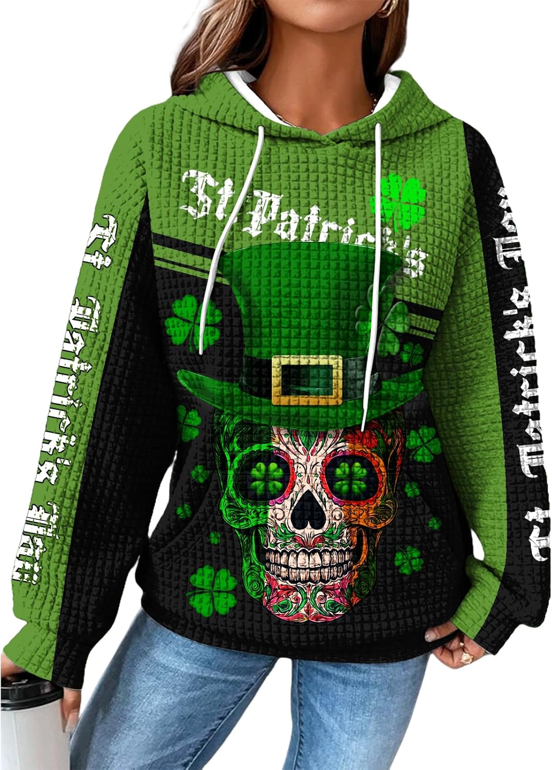 St Patricks Day Hoodies For Women Shamrock Print Waffle Pullover Fashion Long Sleeve Hooded Sweatshirts With Pocket