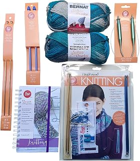 Boye I Taught Myself Knitting Kit Bundled with 12 Mos Knitting Planner, 14" Knitting, 29" Circular and 10" Perfect Points Plastic Knitting Needles, and 2 Bernat Deep Waters Softee Chunky Yarn