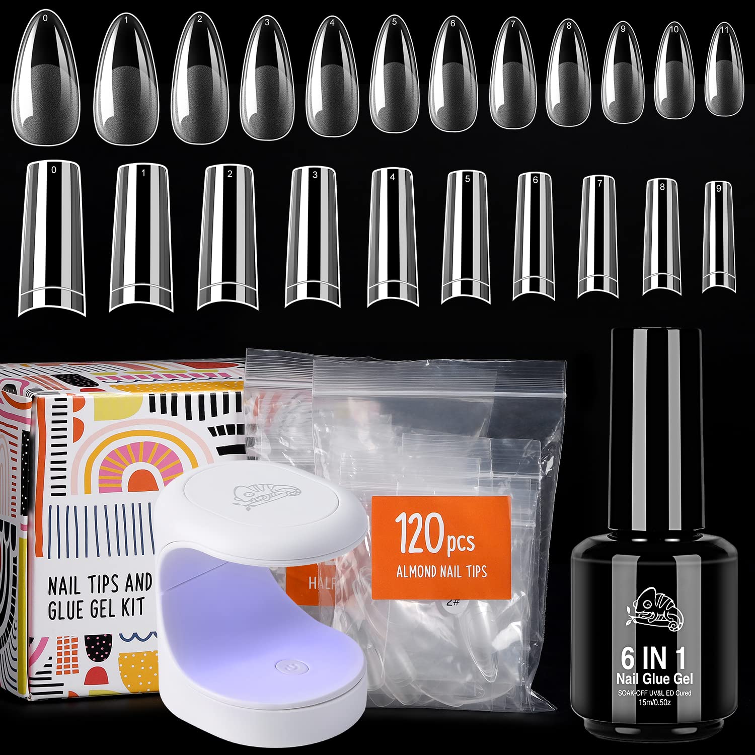 Chameleon Gel Nail Tips and Glue Gel Kit - Gel Extension Nail Kit with 6 In 1 15ML Gel Nail Glue with UV LED Lamp DIY Nail Extension Set Fake Nails Kit 240Pcs Almond and Coffin Half Cover Shape